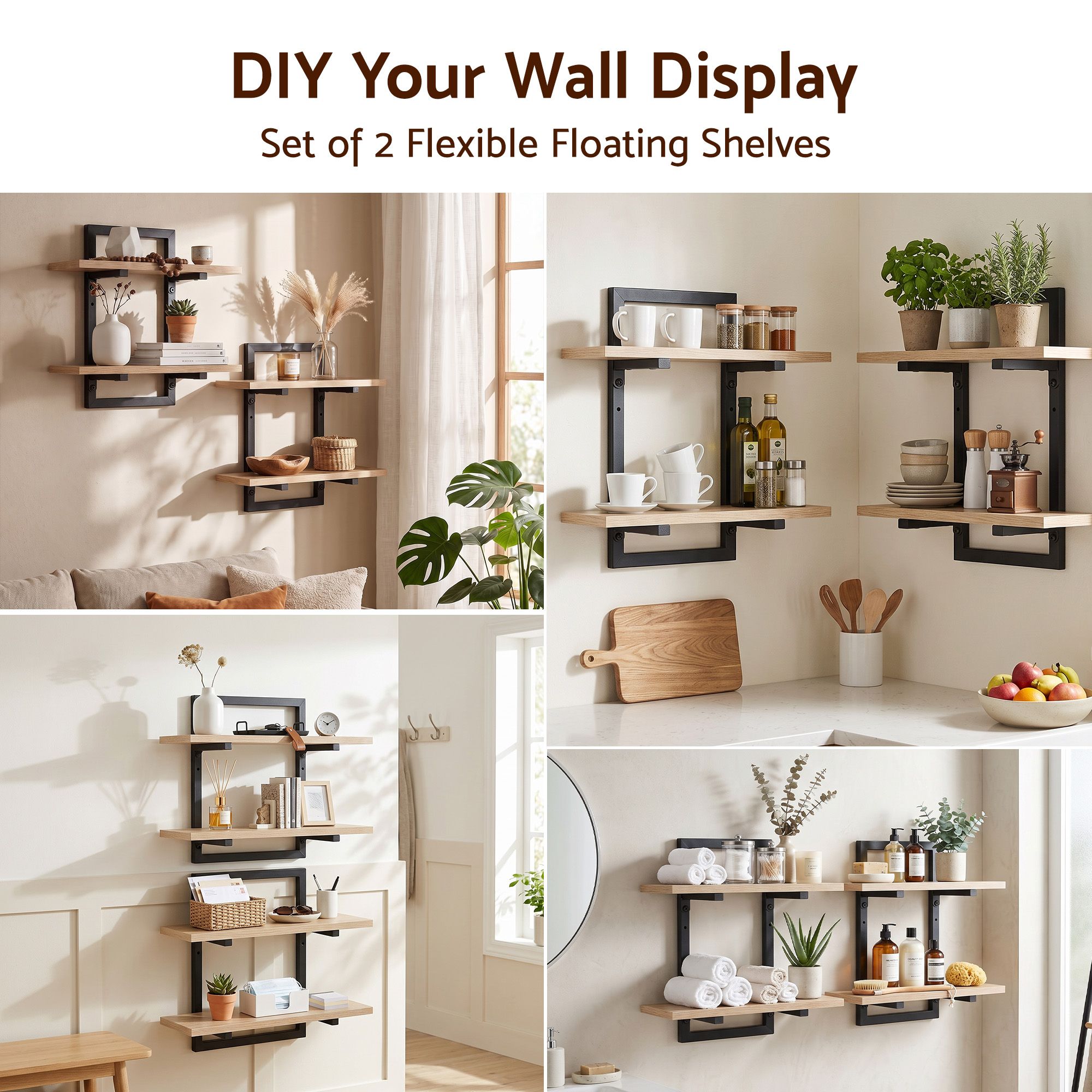 Artiss Set of 2 Floating Wall Shelf 2-Tier Wall-Mounted Display Ledge Wood & Metal