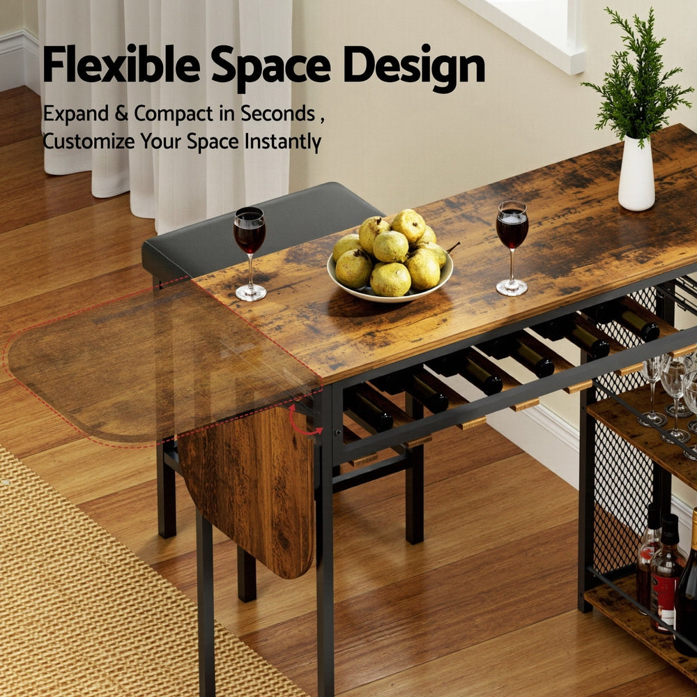Artiss Industrial Bar Table with Wine Rack Built-in Cup Holder Extendable 140cm