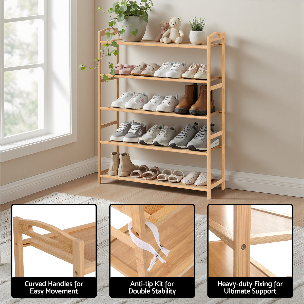 Artiss 5 Tier Shoe Rack Bamboo Storage Organiser Pine