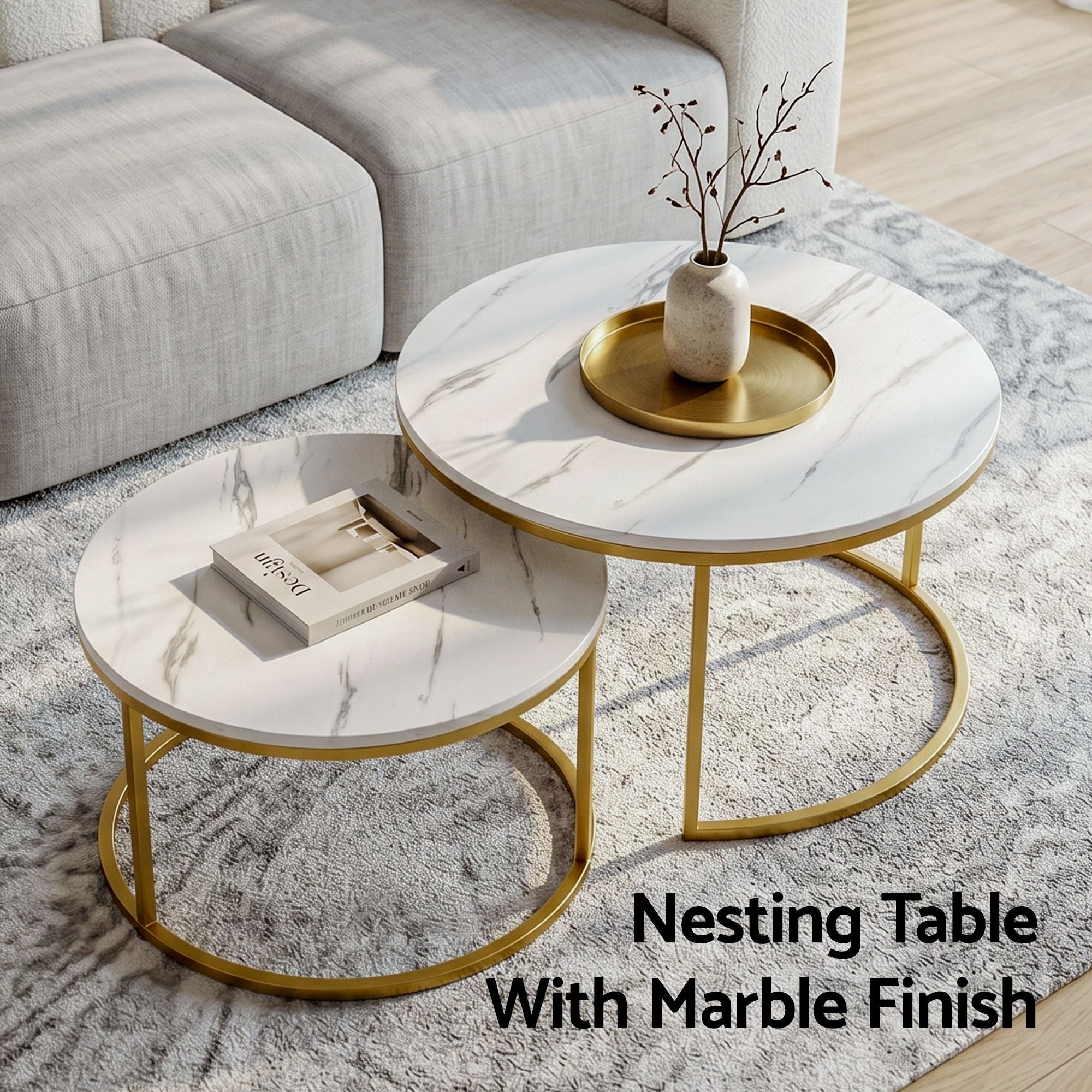 Artiss Nesting Coffee Table Set of 2 Round Marble Effect 70/50cm White & Gold
