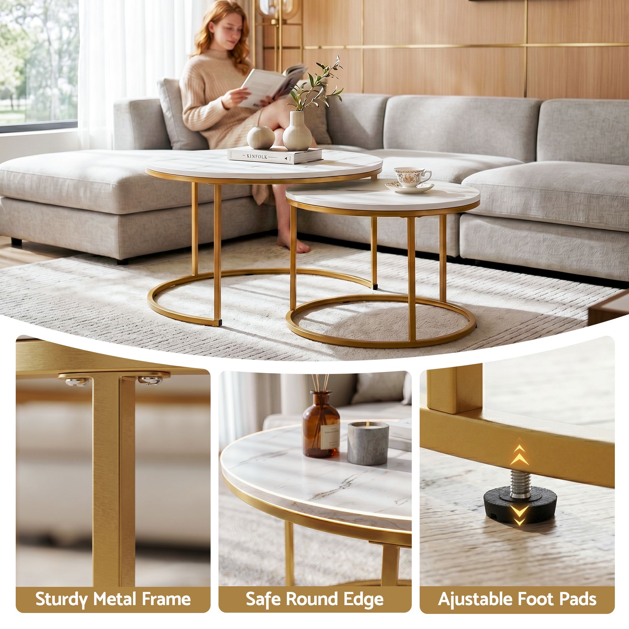 Artiss Nesting Coffee Table Set of 2 Round Marble Effect 70/50cm White & Gold