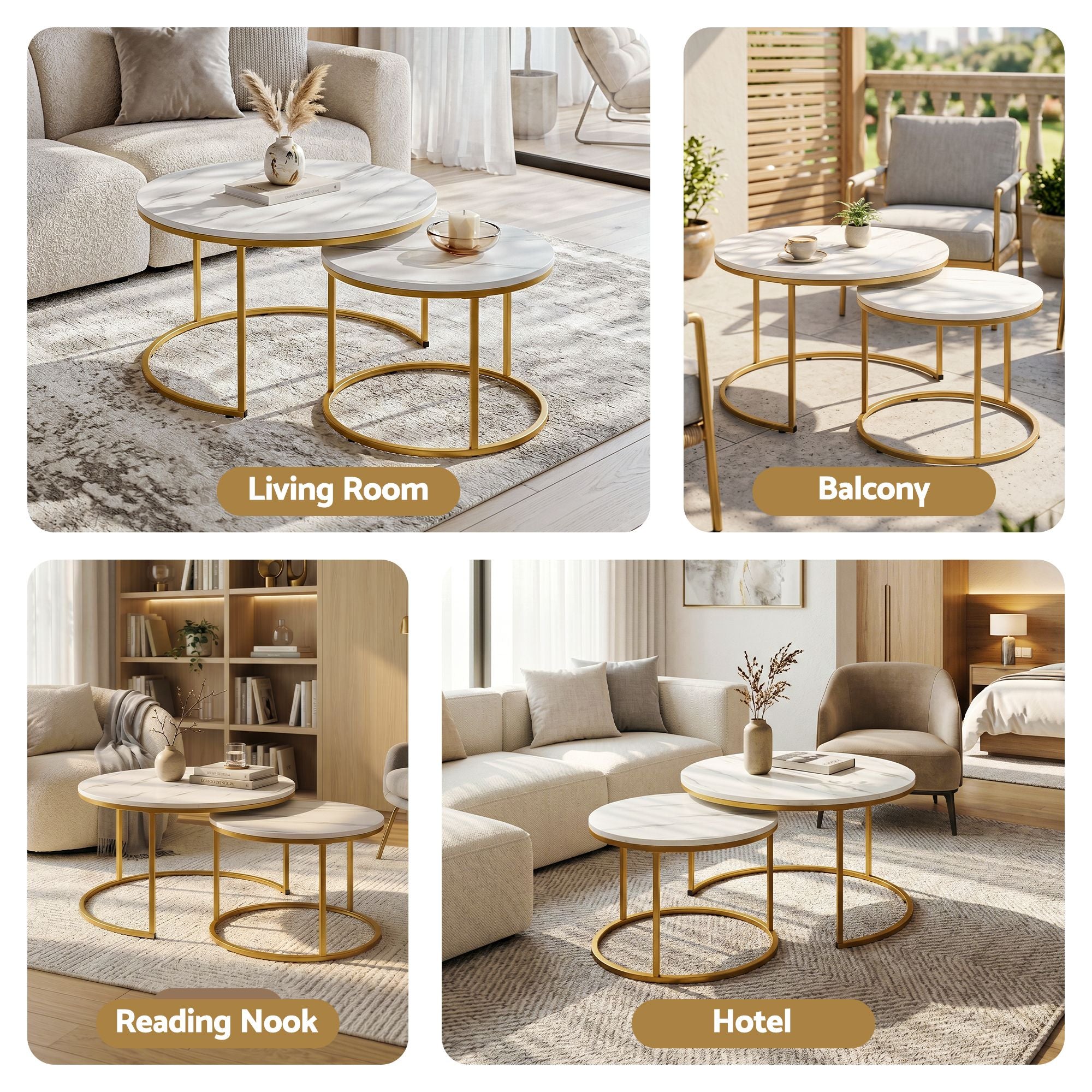 Artiss Nesting Coffee Table Set of 2 Round Marble Effect 70/50cm White & Gold