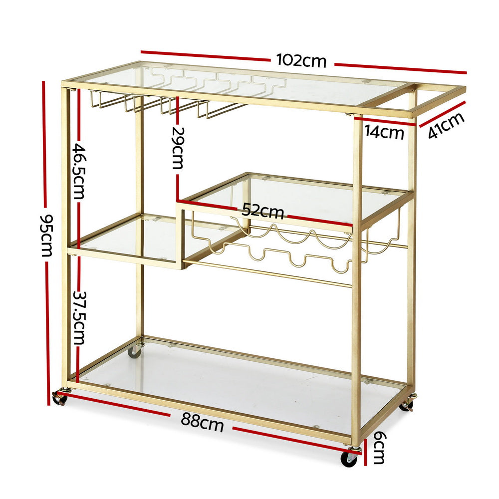 Artiss Bar Cart Drink Trolley Serving Cocktail Wine Rack Glass Holder 102cm Gold
