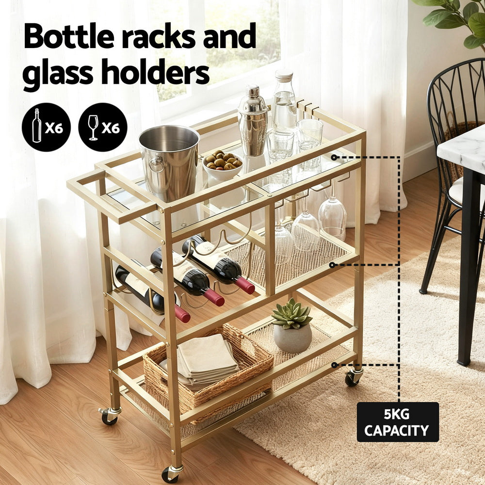 Artiss Bar Cart Drinks Trolley Serving Wine Rack Glass Holder 3 Hooks 72cm Gold