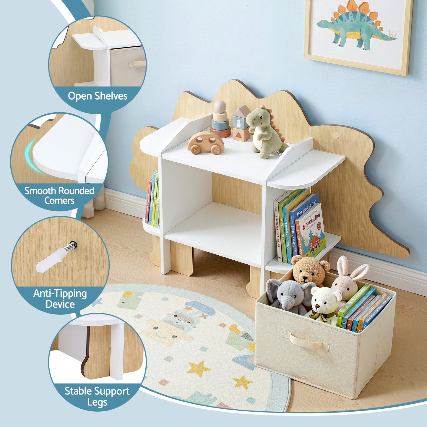 Keezi Dinosaur Kids Bookshelf 2-Tier Children's Bookcase Wooden with with Fabric Drawer, Toddler Bookshelf Toy Storage Organizer for Preschool, Kids Room, Playroom, Nursery