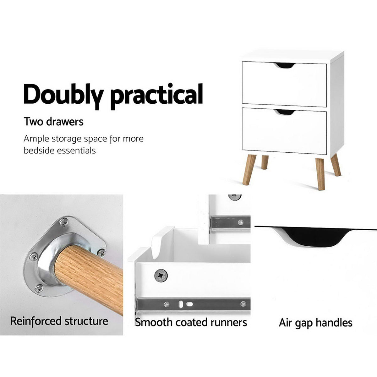 Artiss 2X Bedside Table 2 Drawers - BODEN White