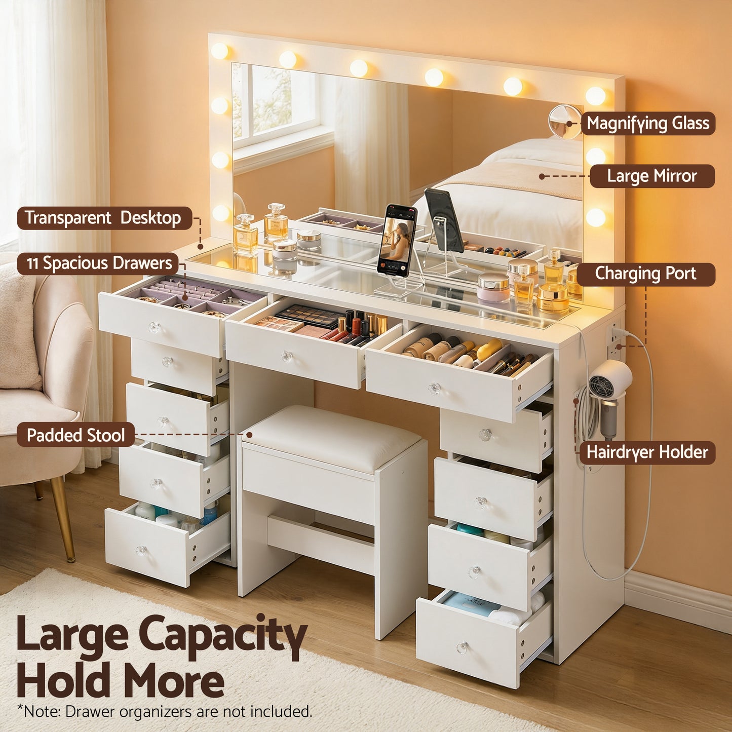 Artiss Dressing Table Vanity Desk Set Stool LED Bulbs White