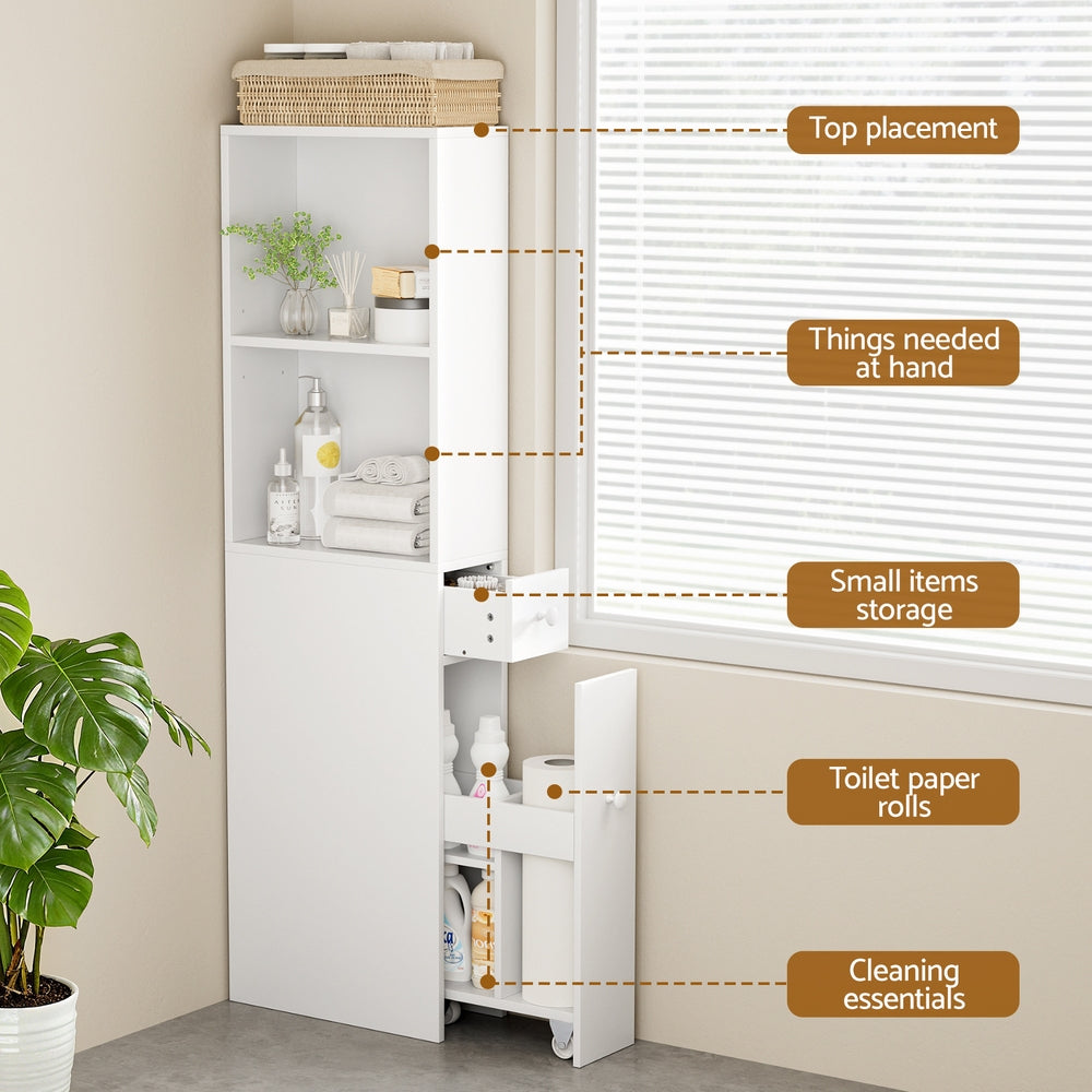 Artiss Bathroom Cabinet Storage Slim Organiser Drawer Toilet Corner 135cm White