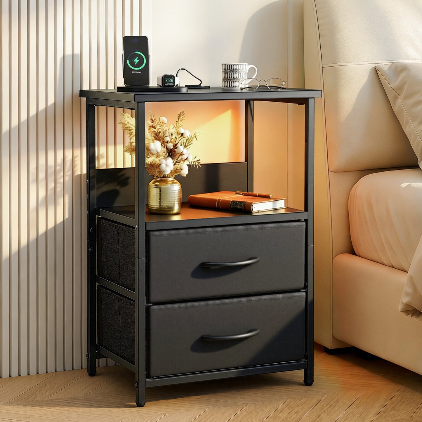 Artiss Bedside Table LED Nightstand Charging Station 2 Drawers Foldable Black