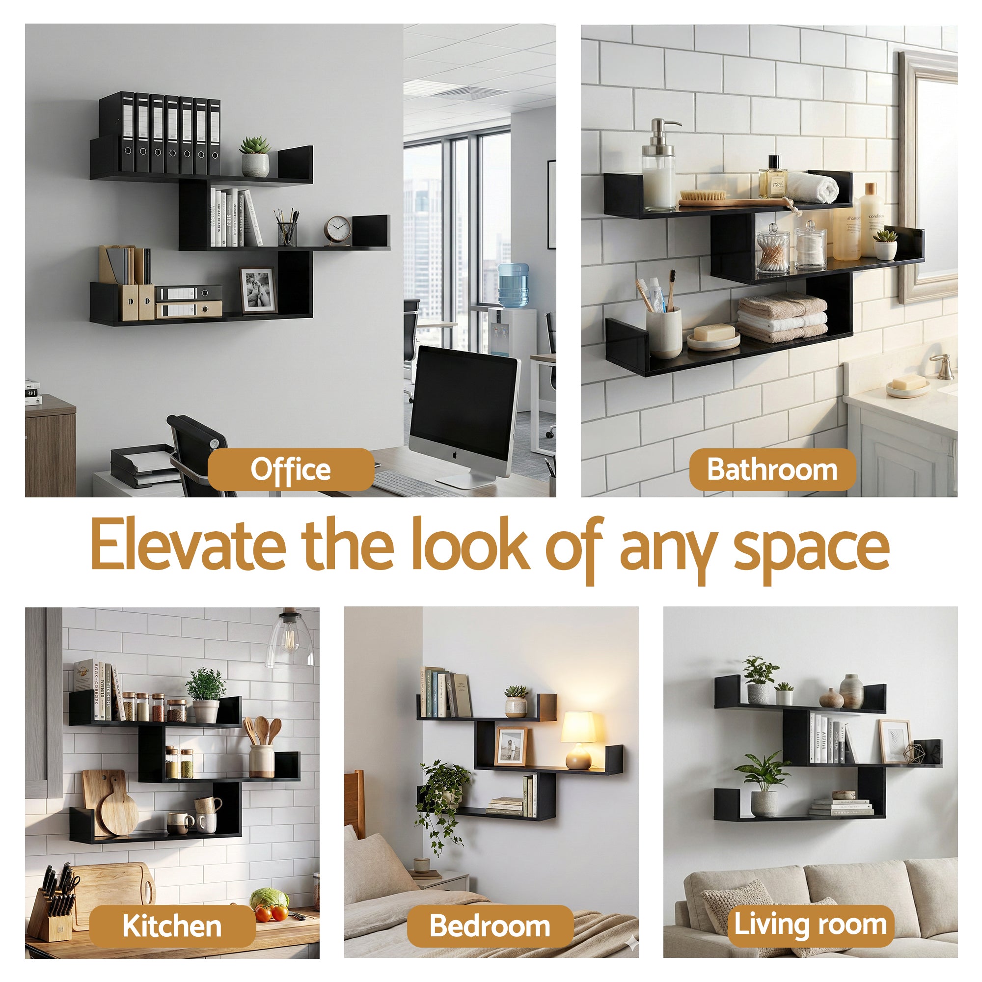 Artiss Floating Wall Shelf 3 Tier Black