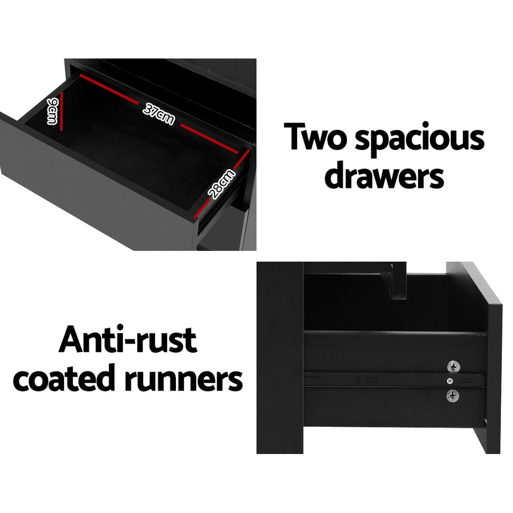 Artiss 2X Bedside Table LED 2 Drawers Lift-up Storage - COLEY Black