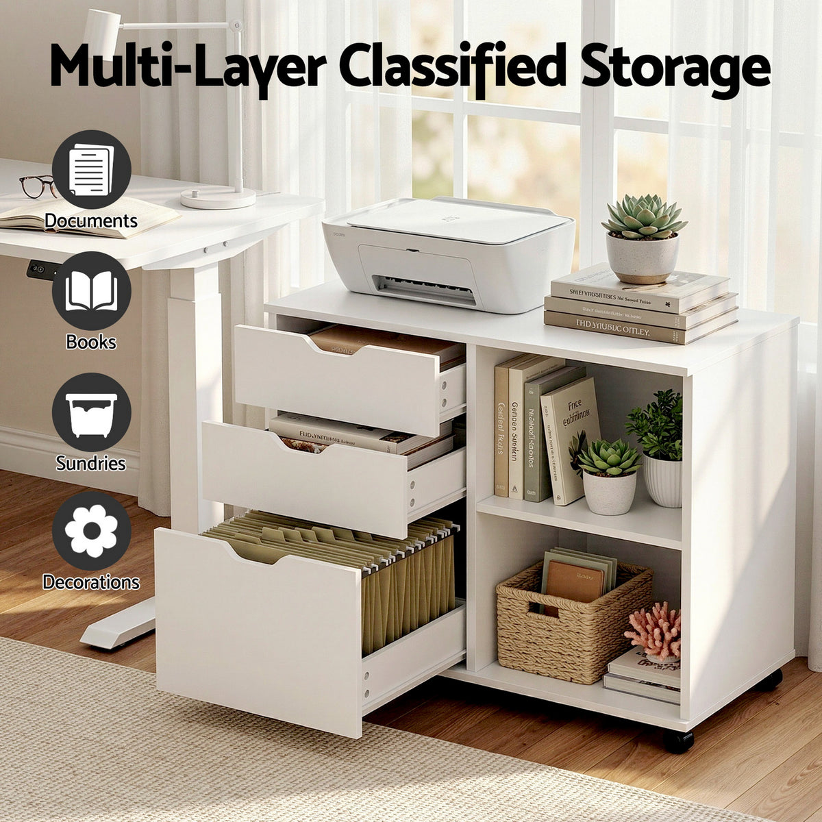 Artiss 3 Drawer Mobile Filing Cabinet Printer Stand Cabinet Home Office Storage White
