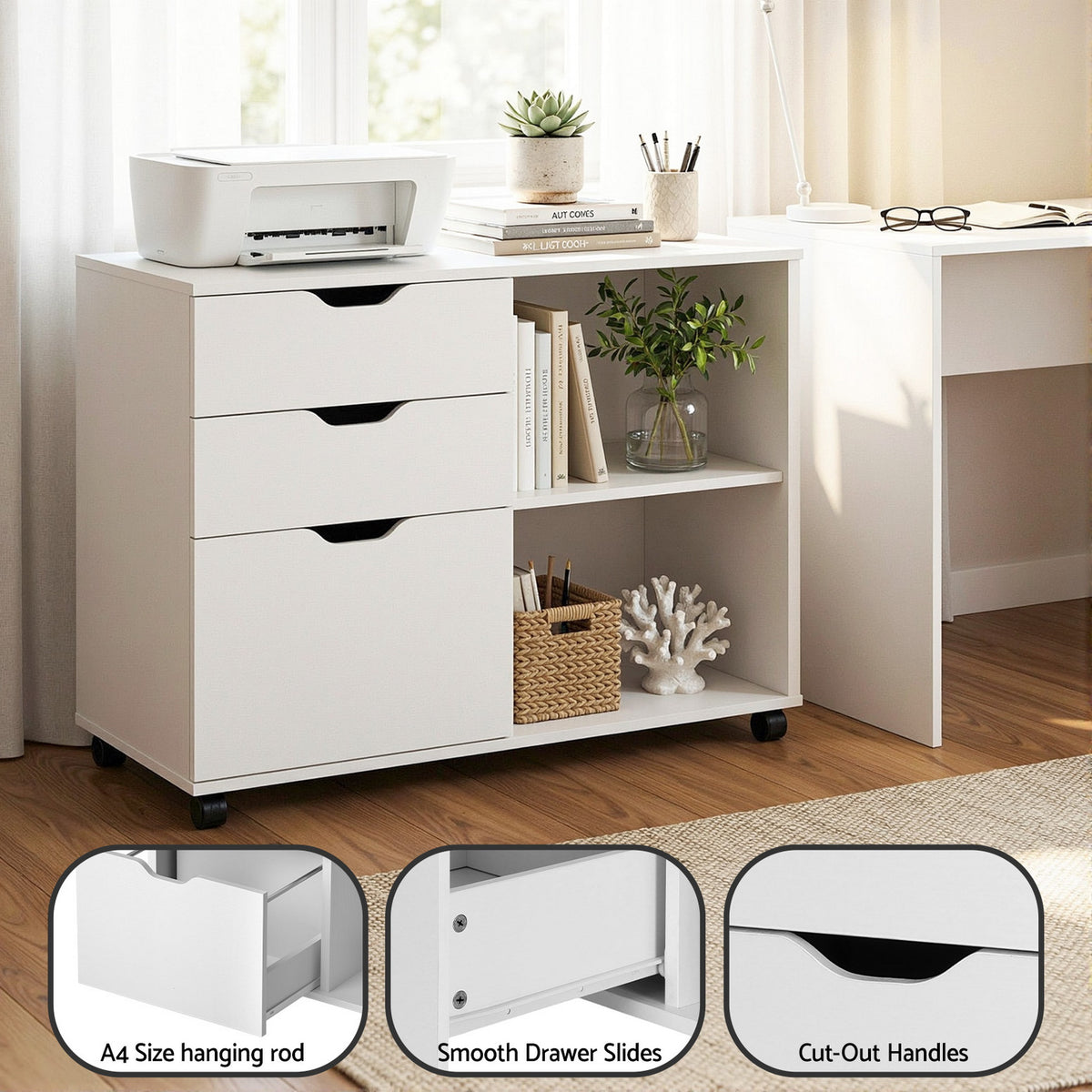Artiss 3 Drawer Mobile Filing Cabinet Printer Stand Cabinet Home Office Storage White
