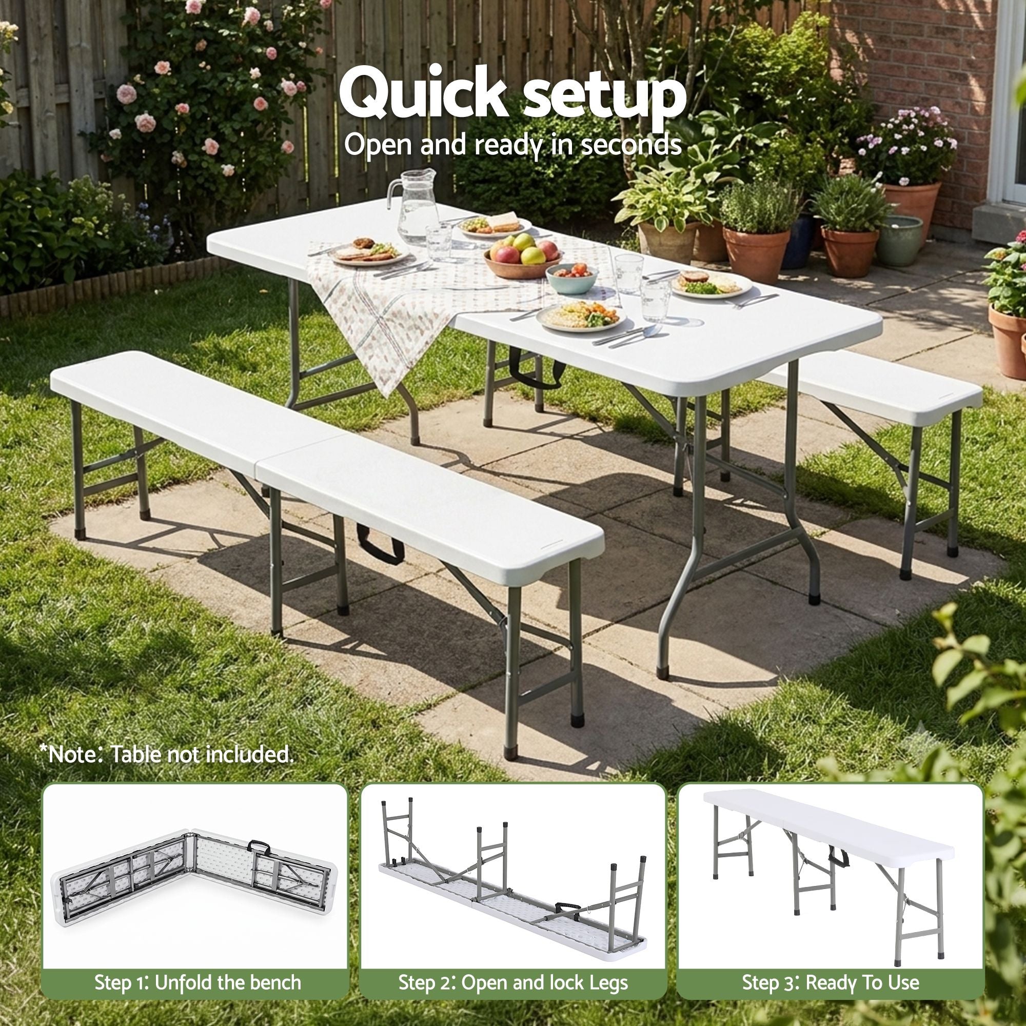 Gardeon 180cm Folding Garden Bench Portable Trestle Seat HDPE Fold In Half White