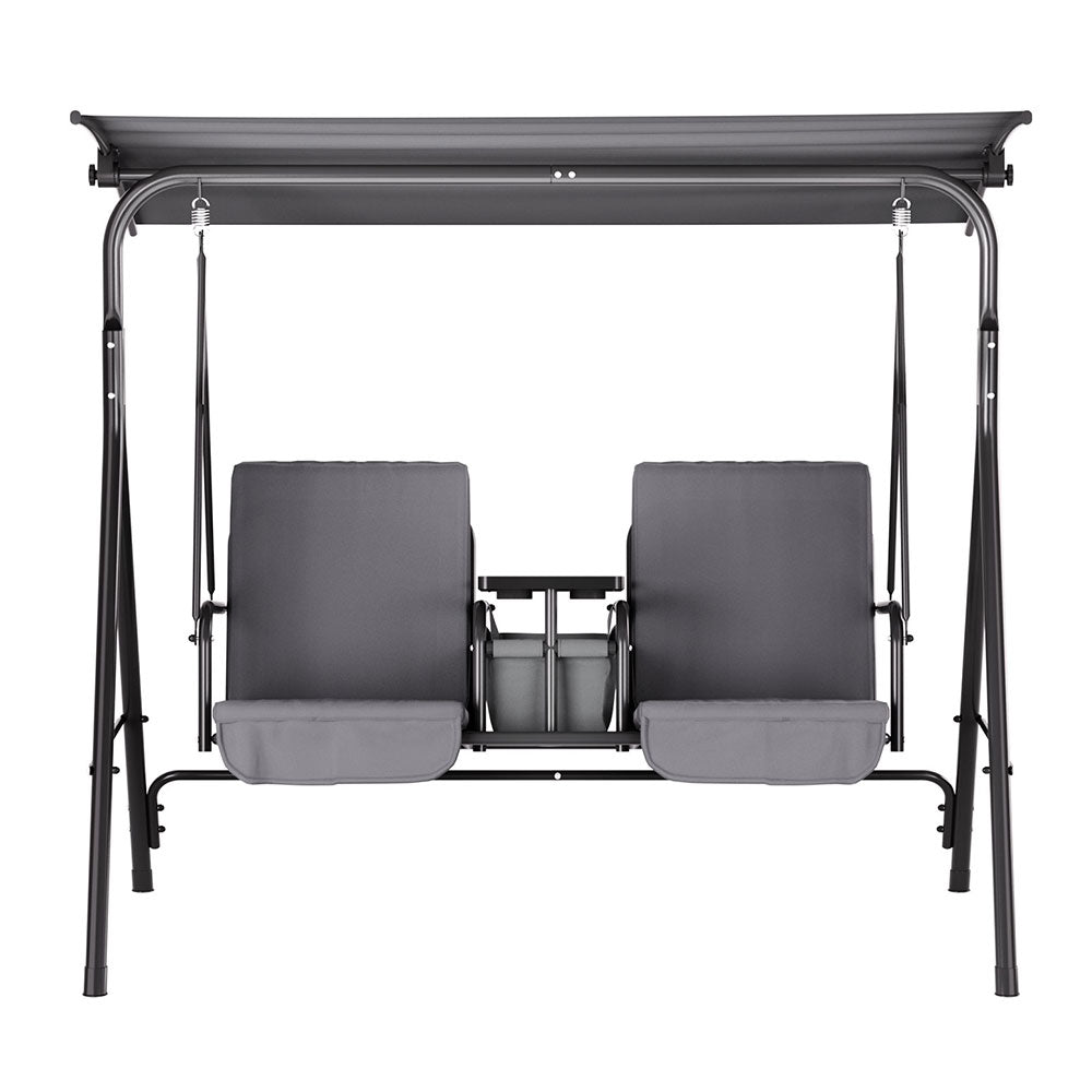 Gardeon Outdoor Swing Chair Garden Chair Canopy Cup Holder 2 Seater Grey