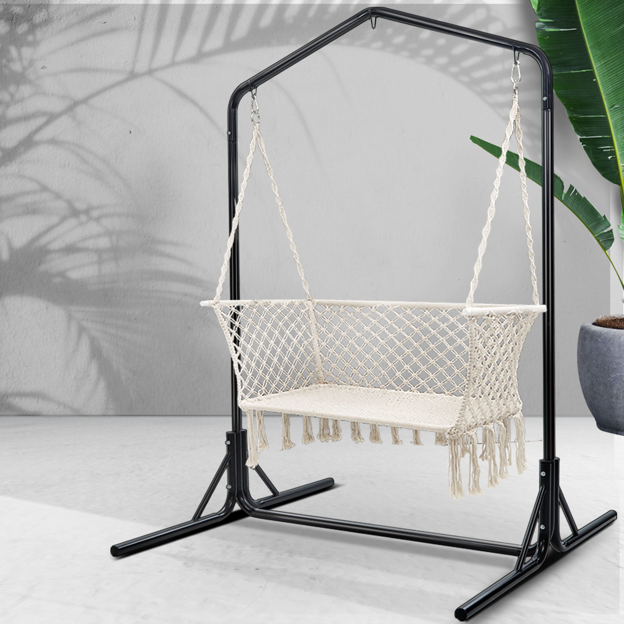 Gardeon Hammock Chair with Stand Macrame Outdoor Garden 2 Seater Cream