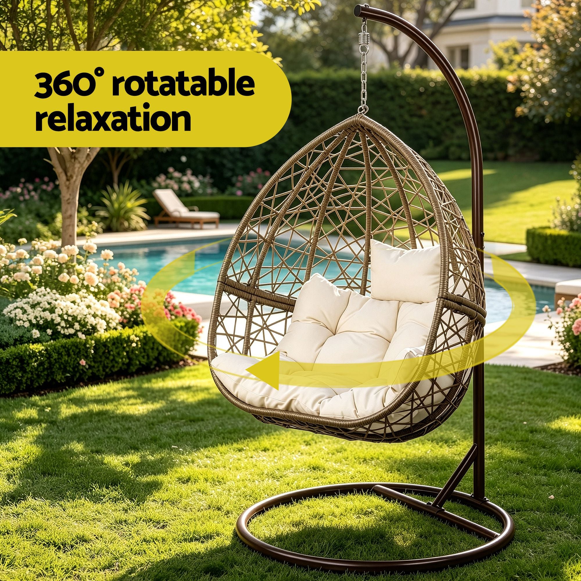 Gardeon Outdoor Egg Swing Chair Wicker Rattan Furniture Pod Stand Cushion Latte