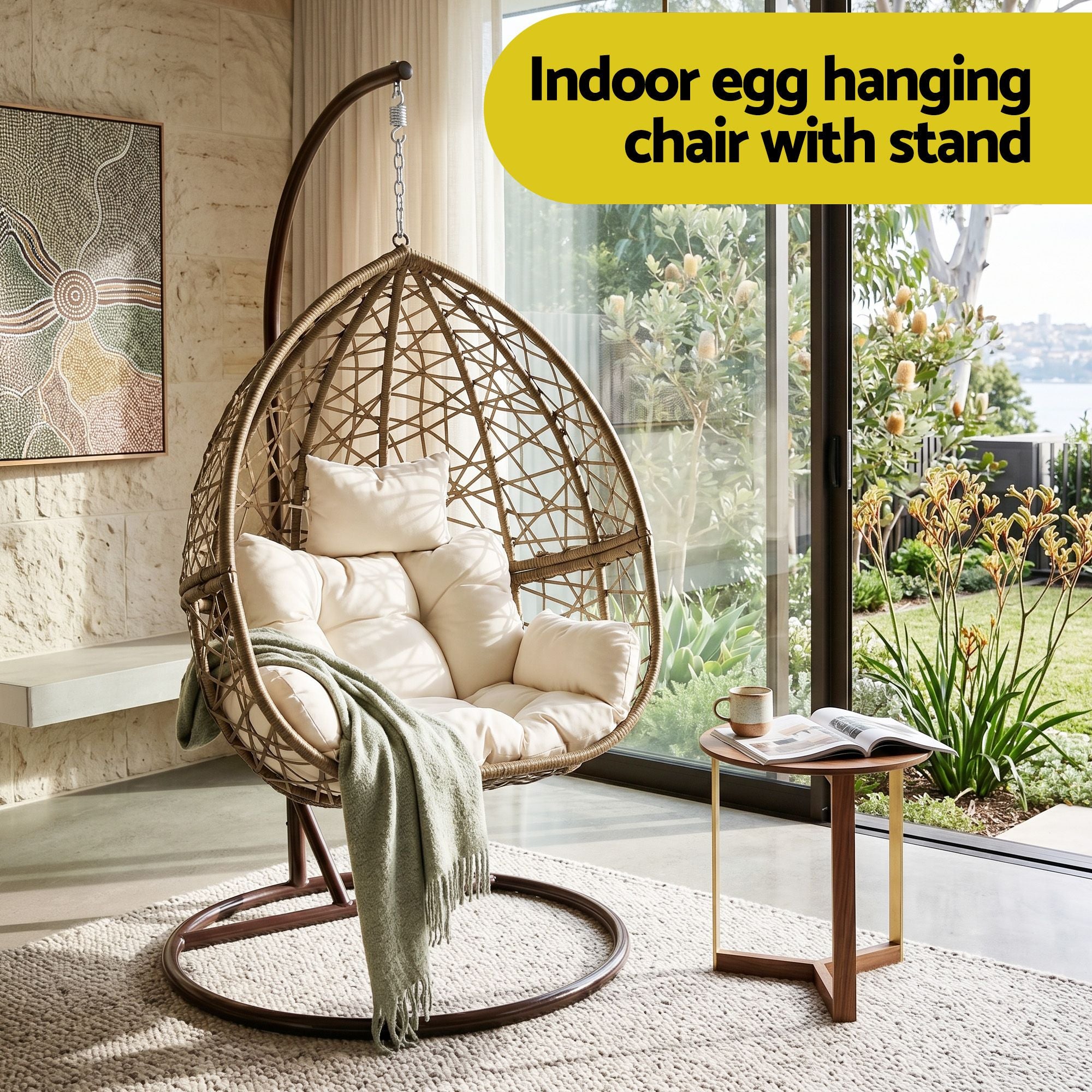 Gardeon Outdoor Egg Swing Chair Wicker Rattan Furniture Pod Stand Cushion Latte
