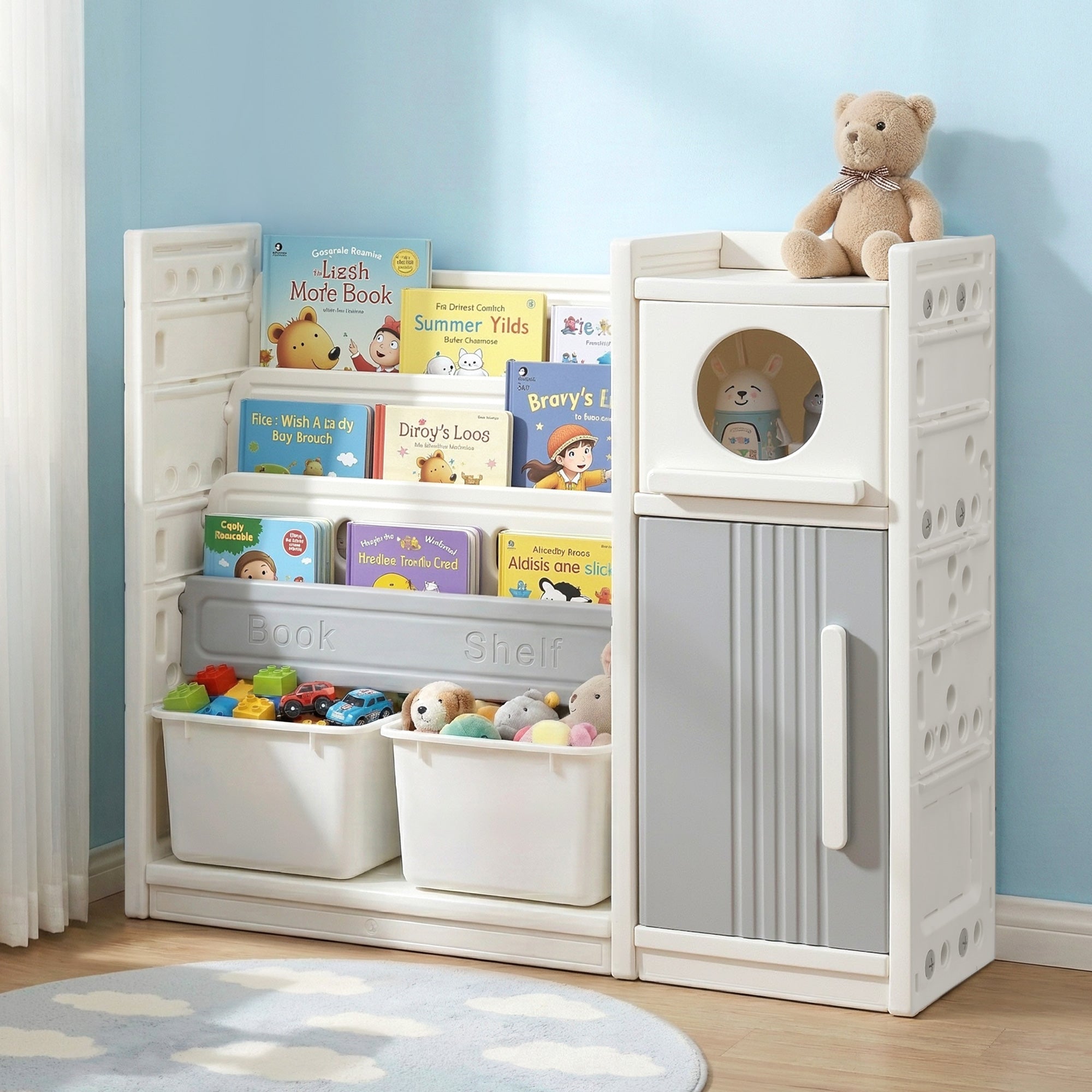 Keezi Kids Bookshelf and Toy Storage Organizer with 3-Tier Bookshelvs, 2 Removable Bins and 2 Storage Cabinets, Toddler Bookshelf with Toy Organizer for Kids' Rooms, Playrooms