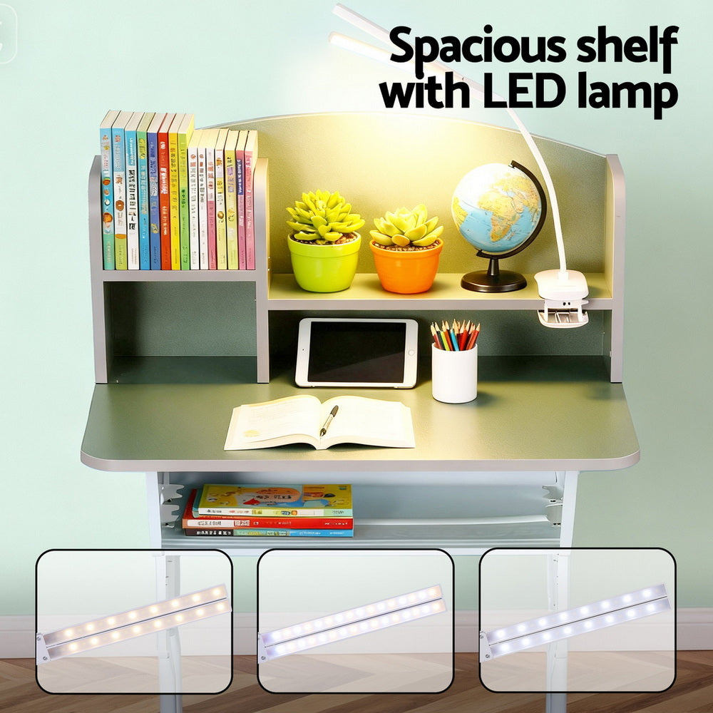 Keezi Kids Study Desk Chair Set Adjustable Ergonomic Table LED Lamp Green