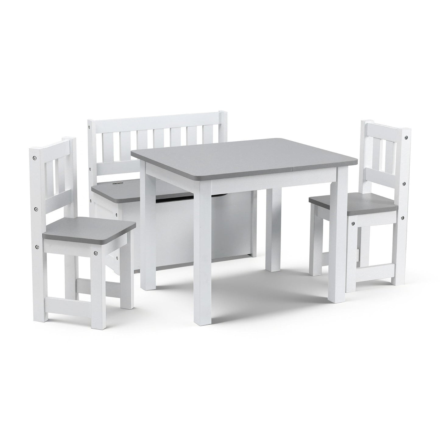 Keezi 2 in 1 Kids Table and Chair Set, Activity Table with Storage Bench and 2 Chairs for Reading, Drawing, Writing, Snack Time & Arts Crafts, 4 PCS Toddler Table and Chair Set, Grey