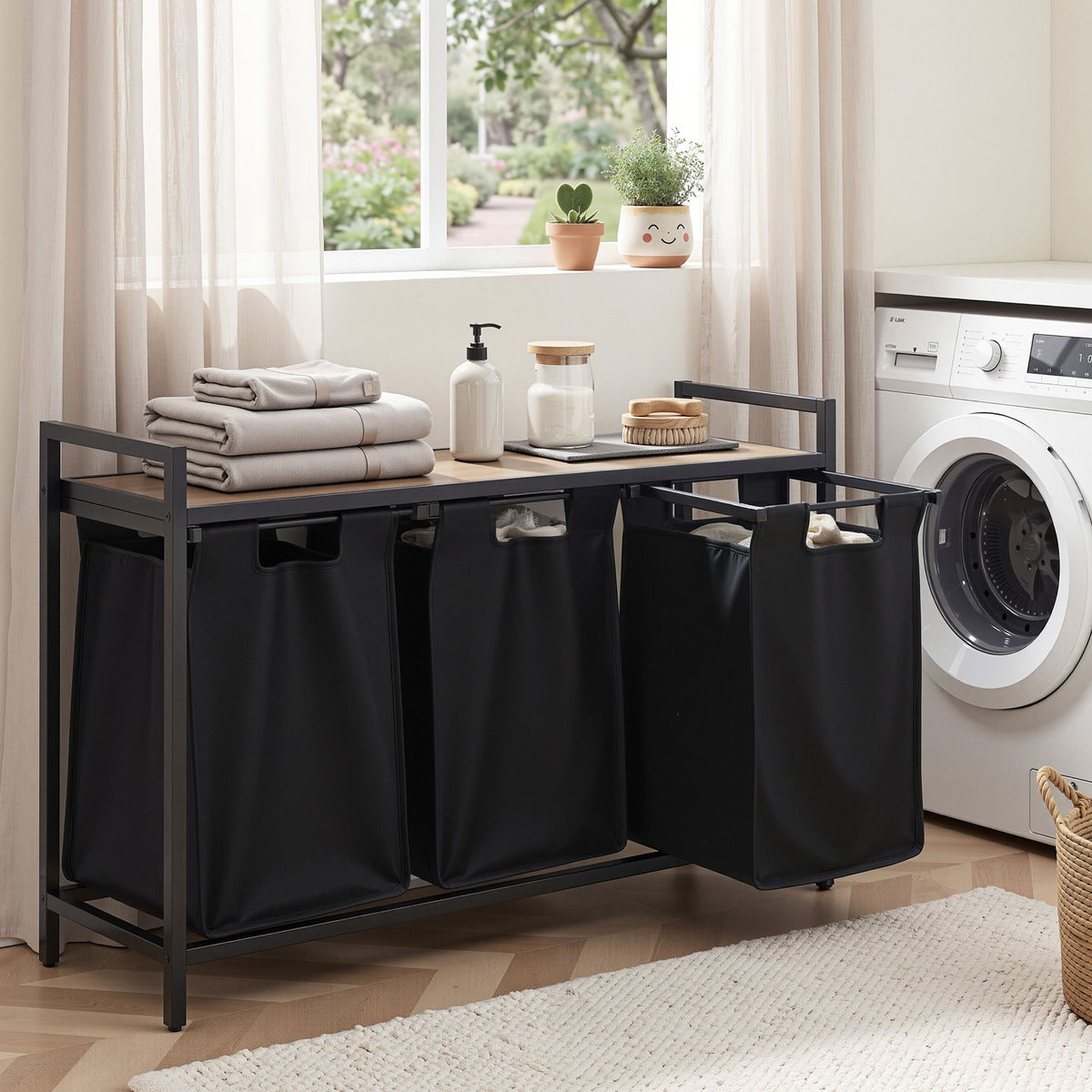 Artiss Laundry Basket with 3 Pull-out Bags Metal Frame Black