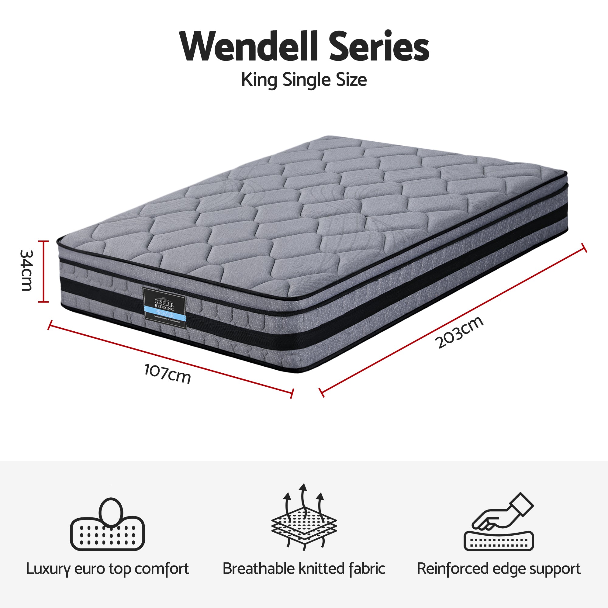 Giselle Bedding 34cm King Single Mattress Hybrid, Pocket Spring Bed Mattress