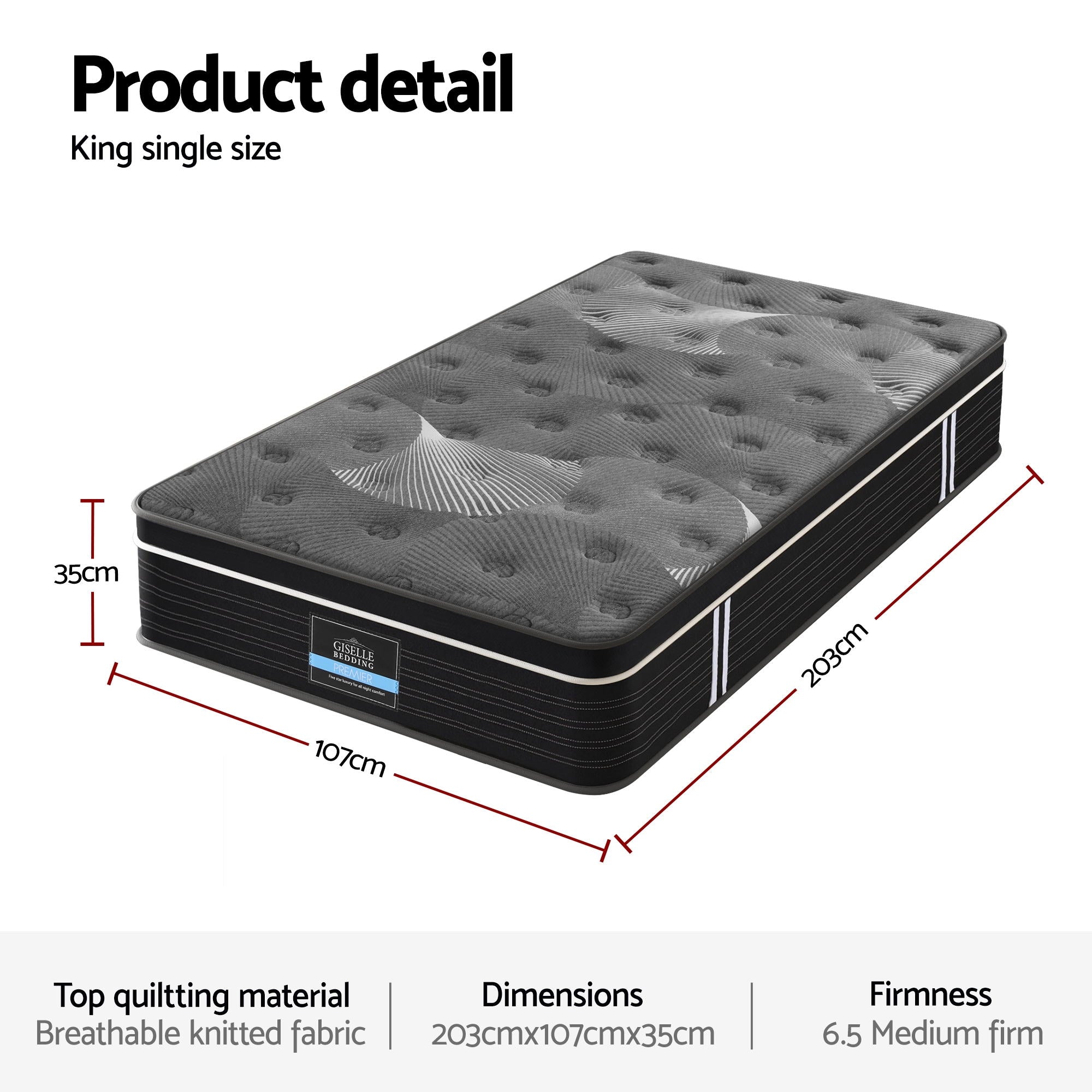 Giselle Bedding King Single Mattress 35cm Euro Top with Graphene Cooling Comfort Medium Firm