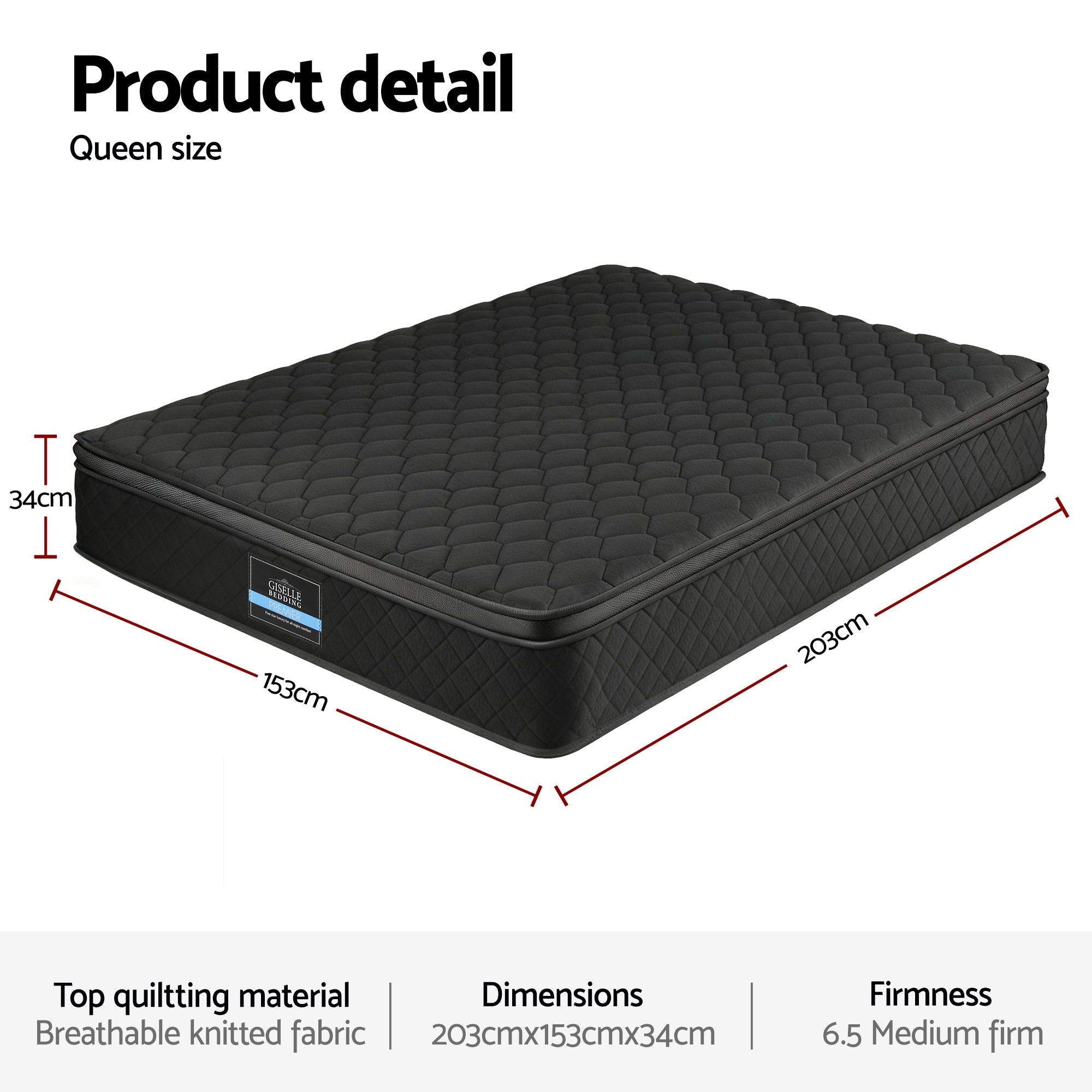 Giselle Bedding Queen Mattress 34cm Euro Top with 5-Zone Pocket Spring Support Black