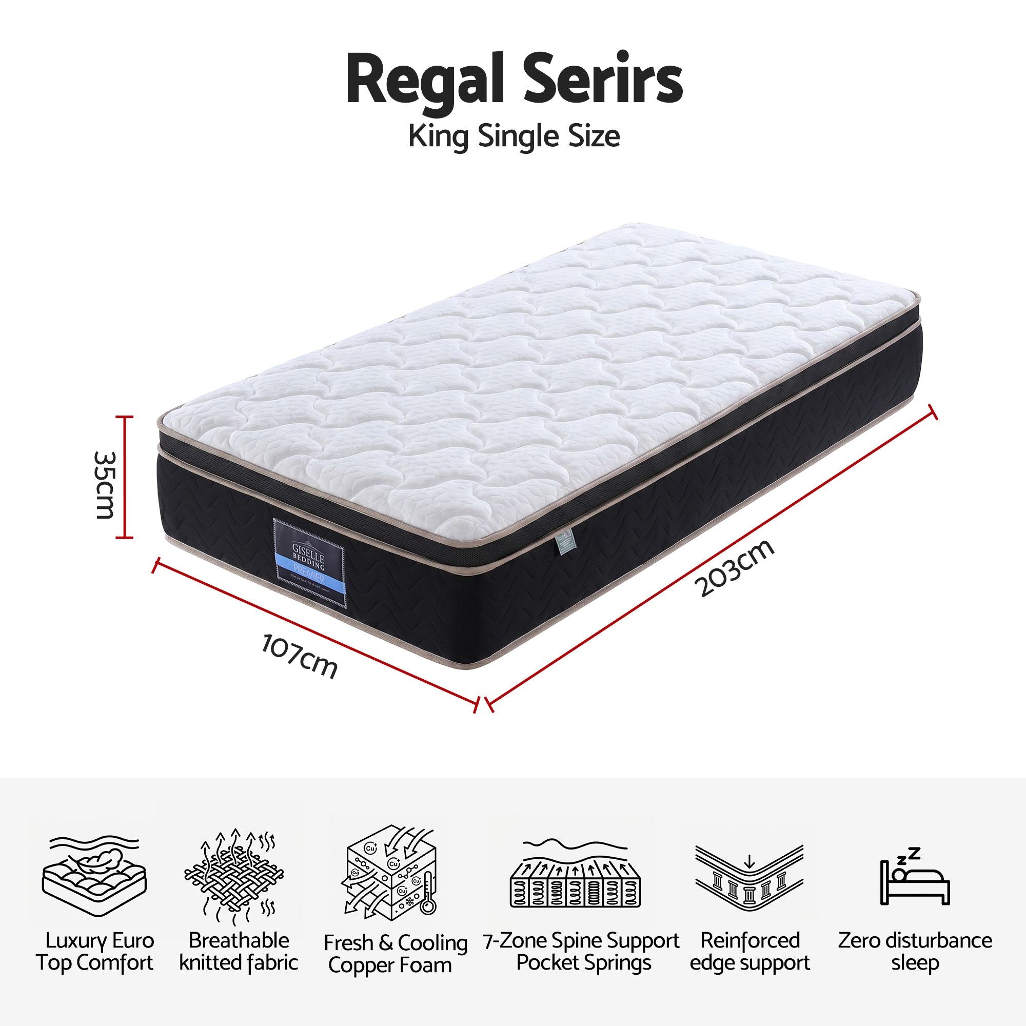 Giselle 35cm King Single Mattress Firm with Copper Memory Foam and Edge Support