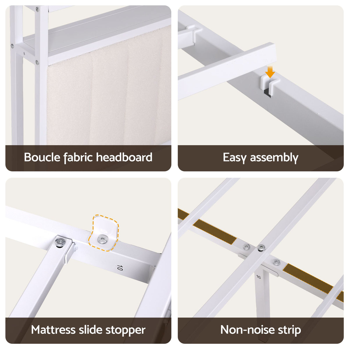 Artiss Queen Metal Bed Frame Boucle Headboard Charging Station Side Table White
