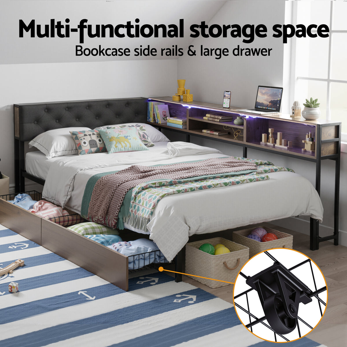 Artiss Bed Frame King Single Size with 2 Drawers and Charging Station Metal Corner Bed Base