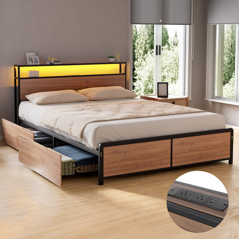 Artiss Metal Bed Frame Double Size with 2-Tier Storage Headboard Metal Platform with 4 Storage Drawers Built in Charging Station & LED Noise-Free/Metal Support/No Box Spring Needed Vintage Brown
