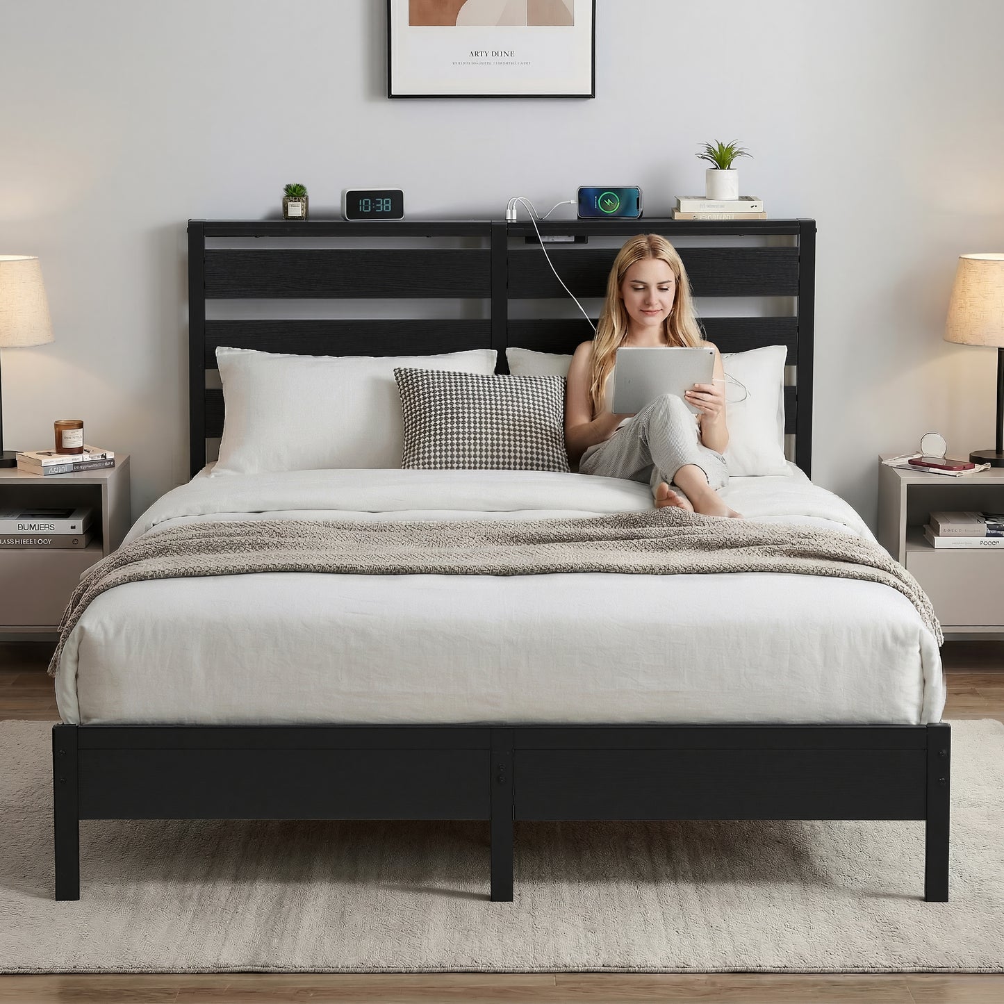 Artiss Bed Frame Queen Size LED Metal Bed Base with Charging Station