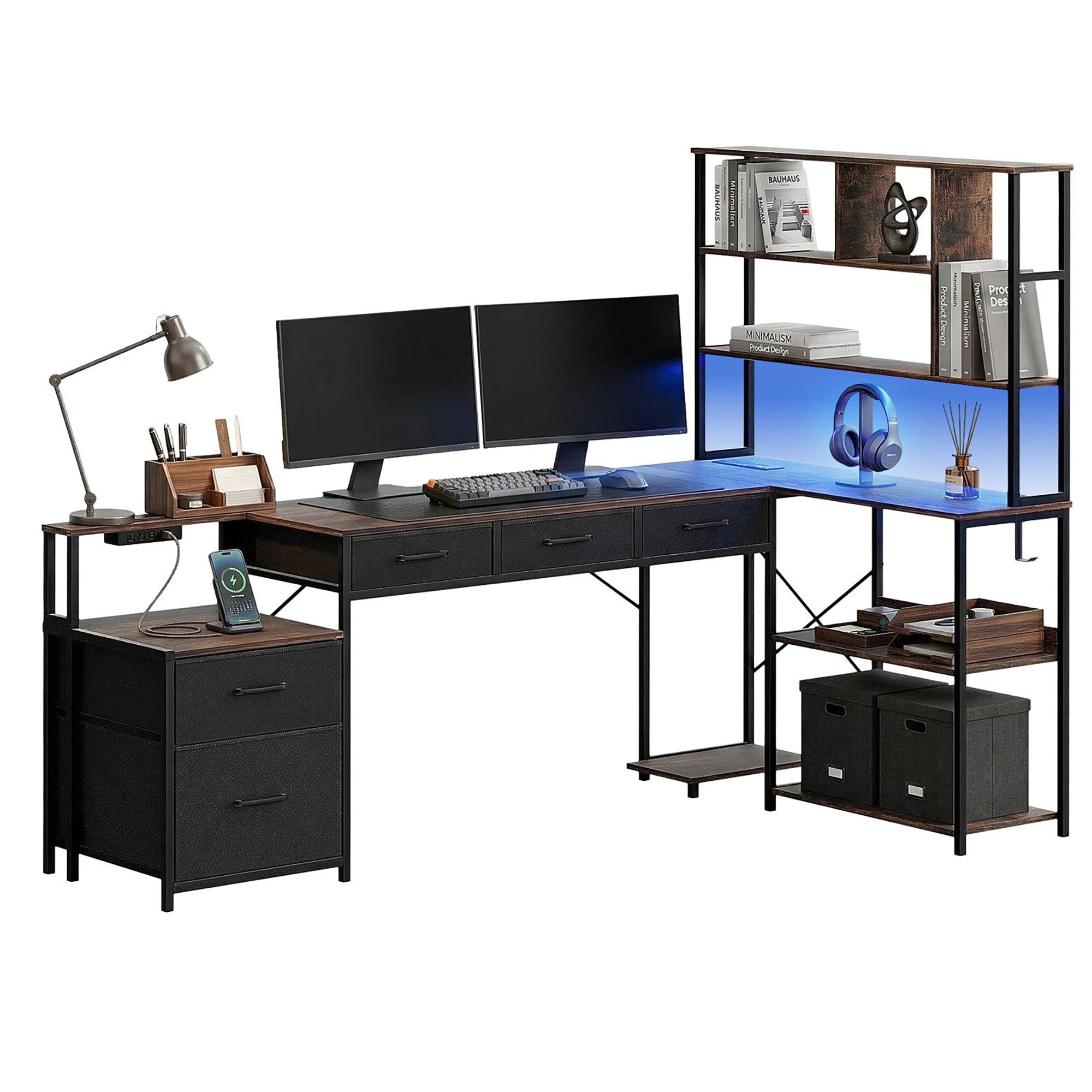 Artiss 200cm L Shaped Gaming Desk Computer Desk with LED Lights & Power Outlets