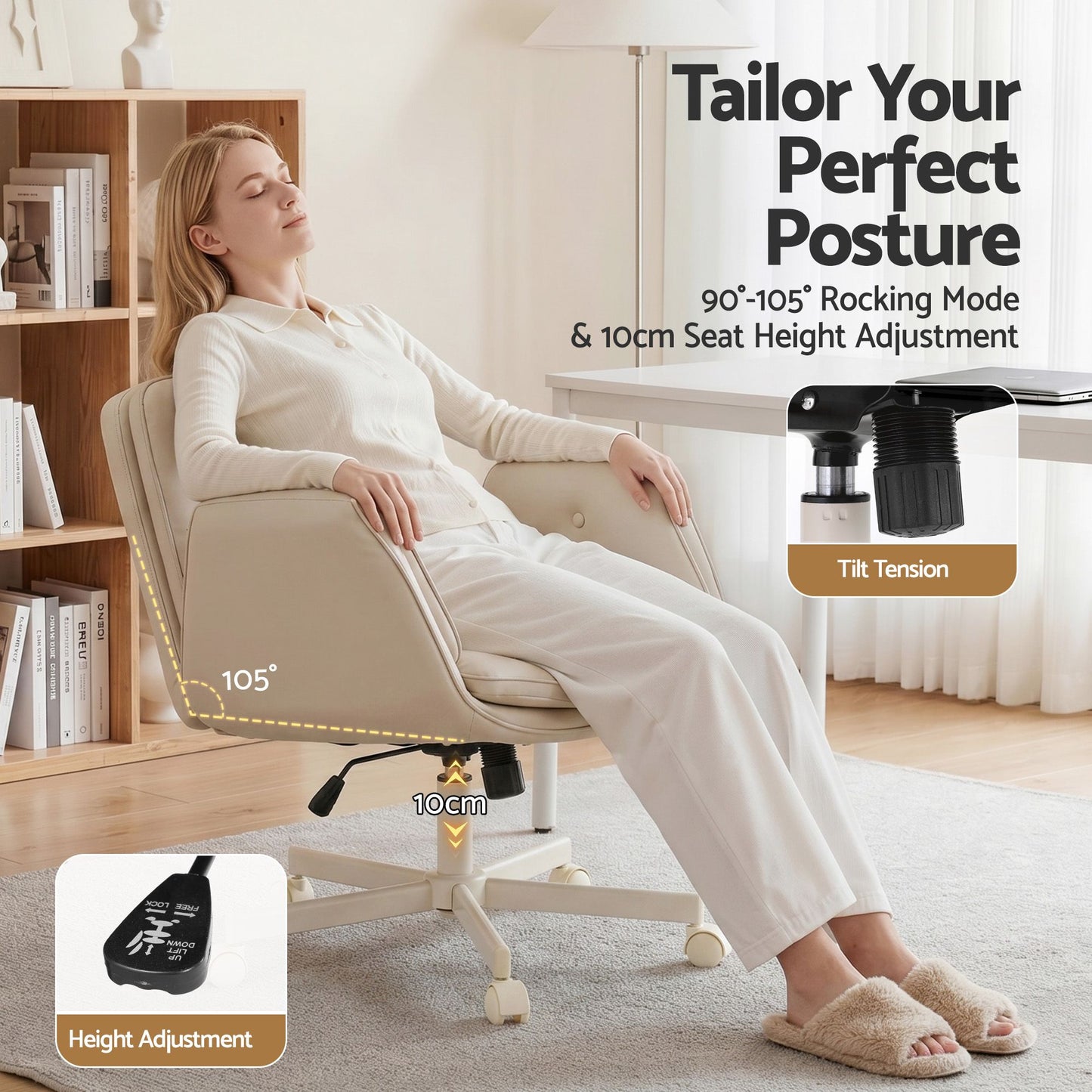 Artiss Criss Cross Chair with Wheels & Adjustable Armrests, Ergonomic Cross Legged Office Desk Chair PU Leather Vanity Chair Swivel for Home, Make Up, Bedroom, Computer, Beige