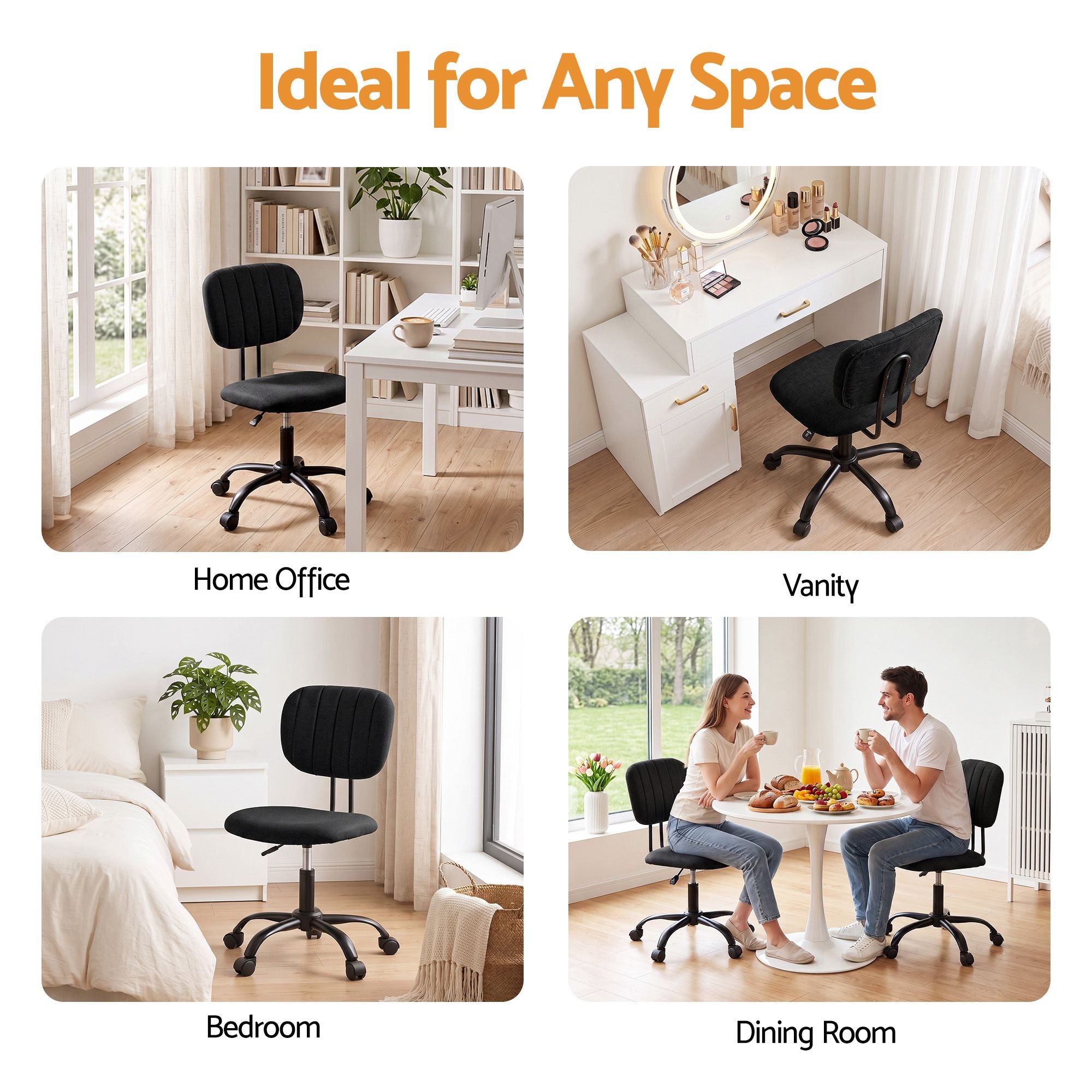 Artiss Armless Office Chair with Wheels, Ergonomic 360° Swivel Home Office Desk Chair, Height Adjustable Computer Task Chair with Fabric Back and Seat for Small Space, Black
