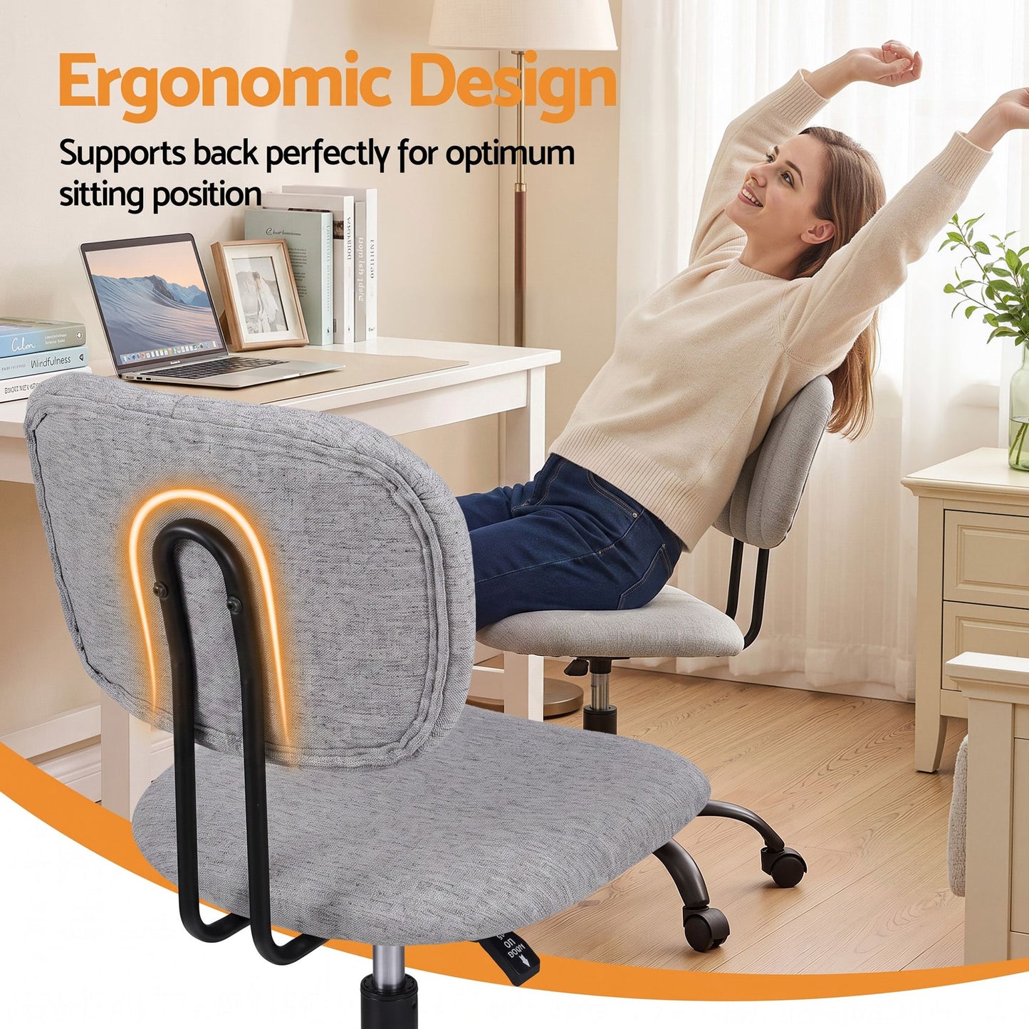 Artiss Armless Office Chair with Wheels, Ergonomic 360° Swivel Home Office Desk Chair, Height Adjustable Computer Task Chair with Fabric Back and Seat for Small Space, Grey