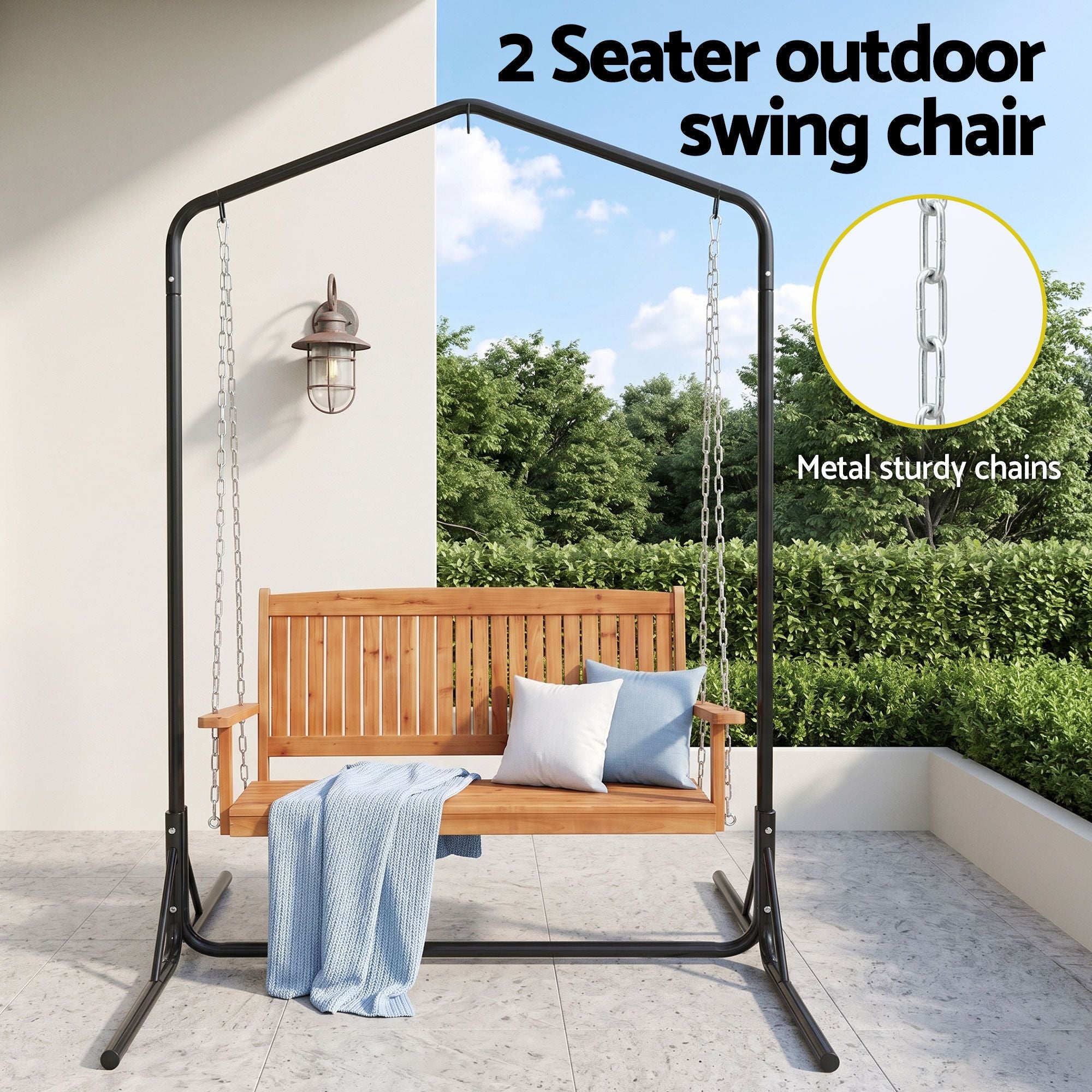 Gardeon Wooden 2-Seater Outdoor Swing Chair with Black Stand Hanging Chair Patio Furniture