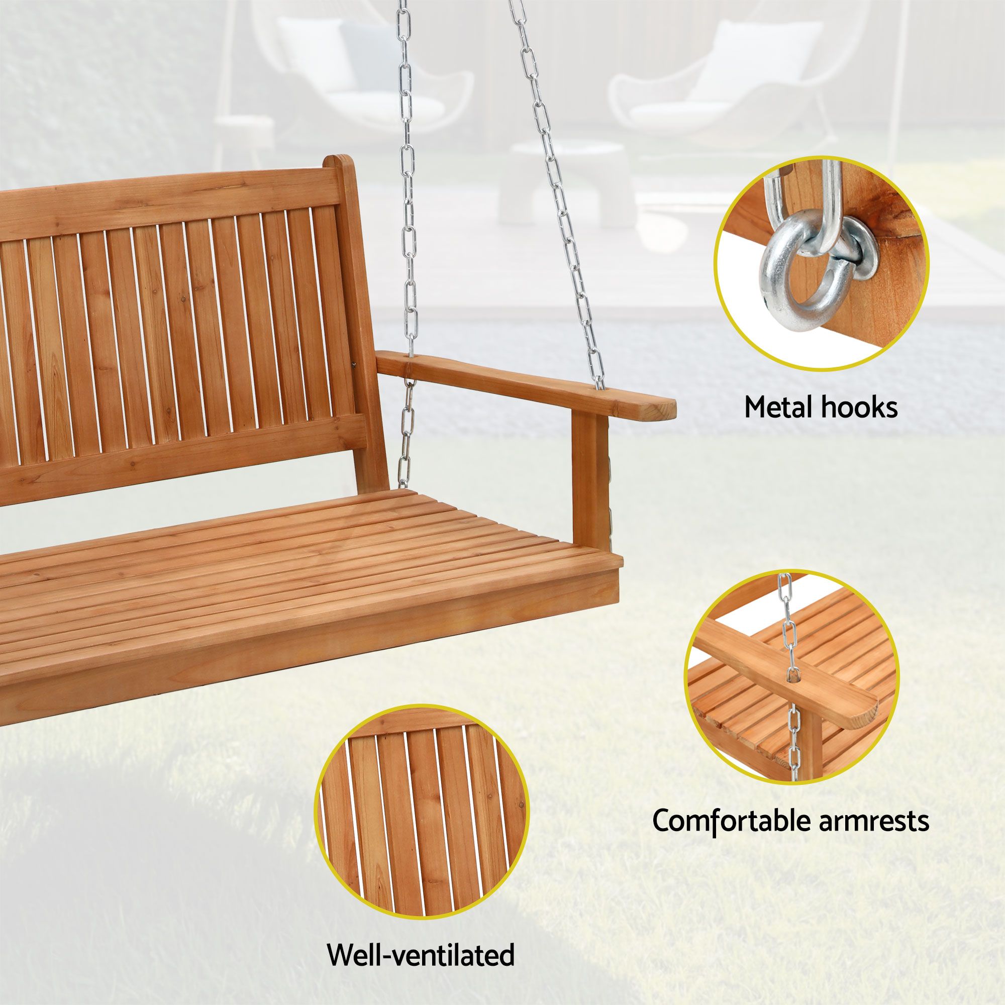 Gardeon Wooden 2-Seater Outdoor Swing Chair with Black Stand Hanging Chair Patio Furniture