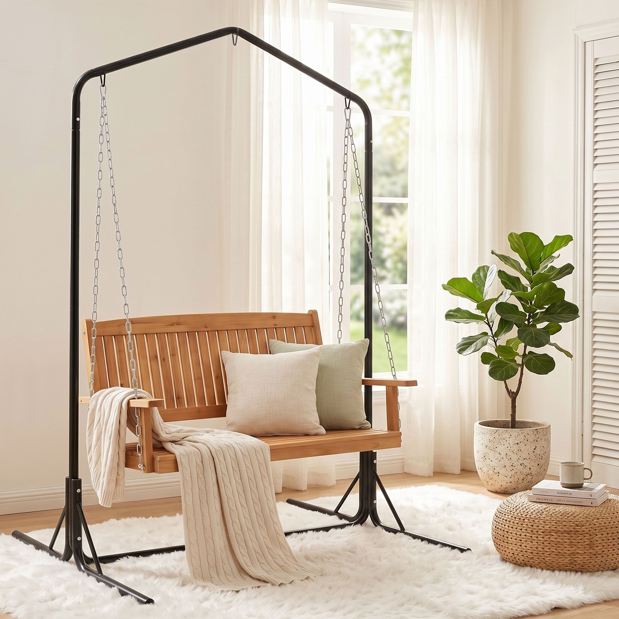 Gardeon Wooden 2-Seater Outdoor Swing Chair with Black Stand Hanging Chair Patio Furniture
