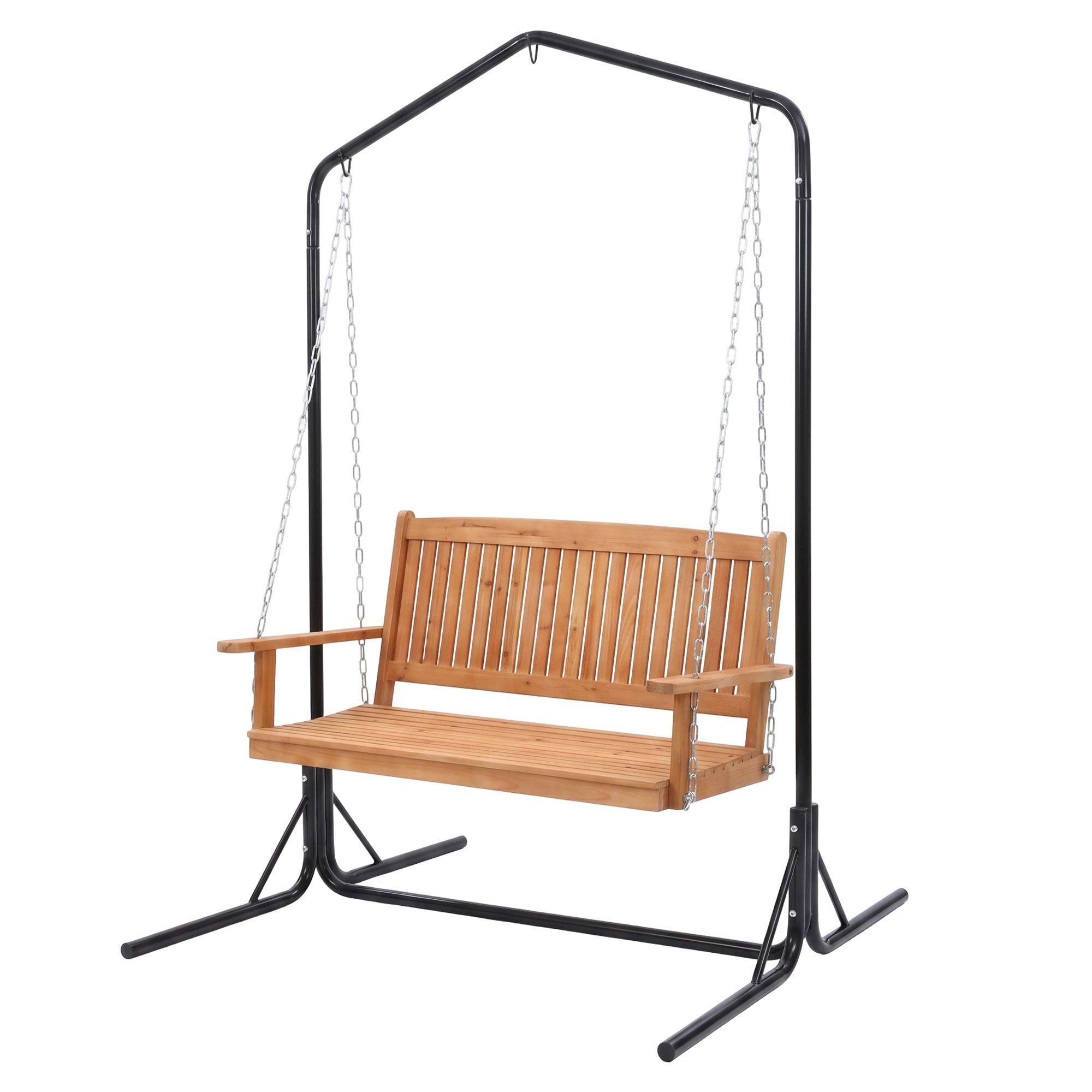 Gardeon Wooden 2-Seater Outdoor Swing Chair with Black Stand Hanging Chair Patio Furniture