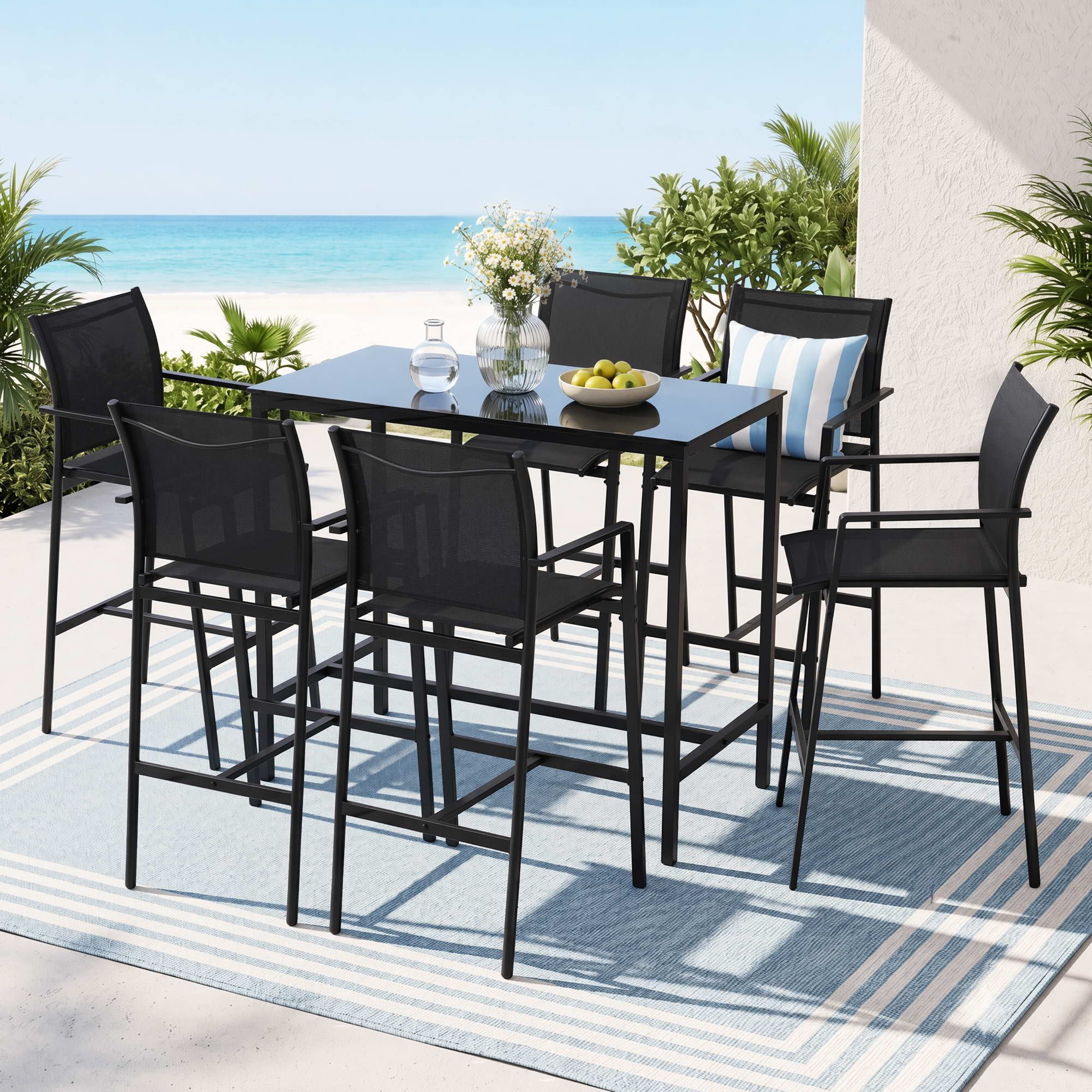 Gardeon 7PCS Outdoor Bar Set Stools Dining Chairs Table Patio Steel Bistro Set Black