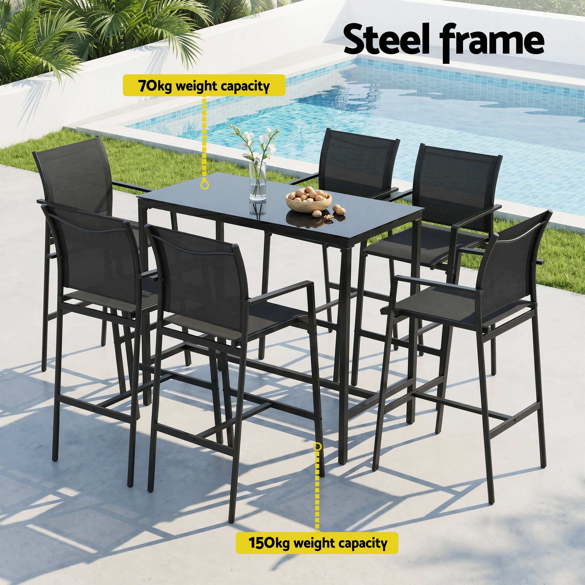Gardeon 7PCS Outdoor Bar Set Stools Dining Chairs Table Patio Steel Bistro Set Black