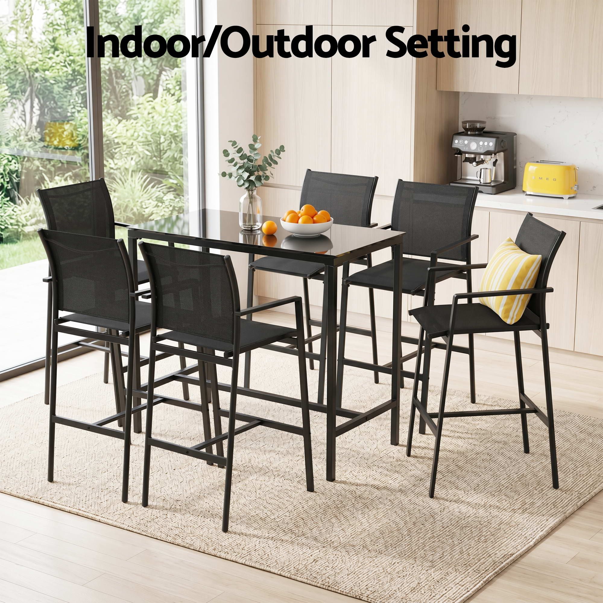 Gardeon 7PCS Outdoor Bar Set Stools Dining Chairs Table Patio Steel Bistro Set Black