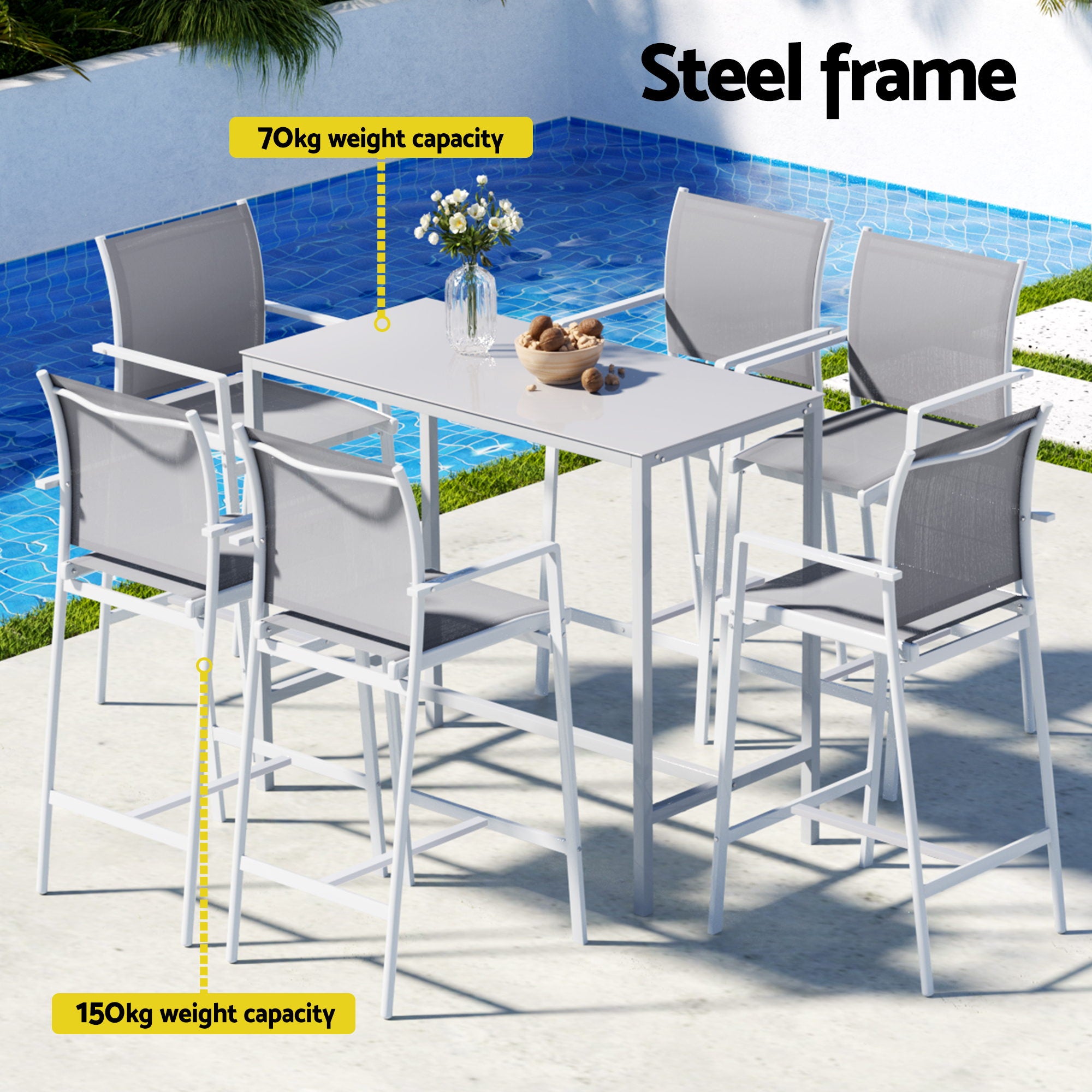 Gardeon 7PCS Outdoor Bar Set Stools Dining Chairs Table Patio Steel Bistro Set White