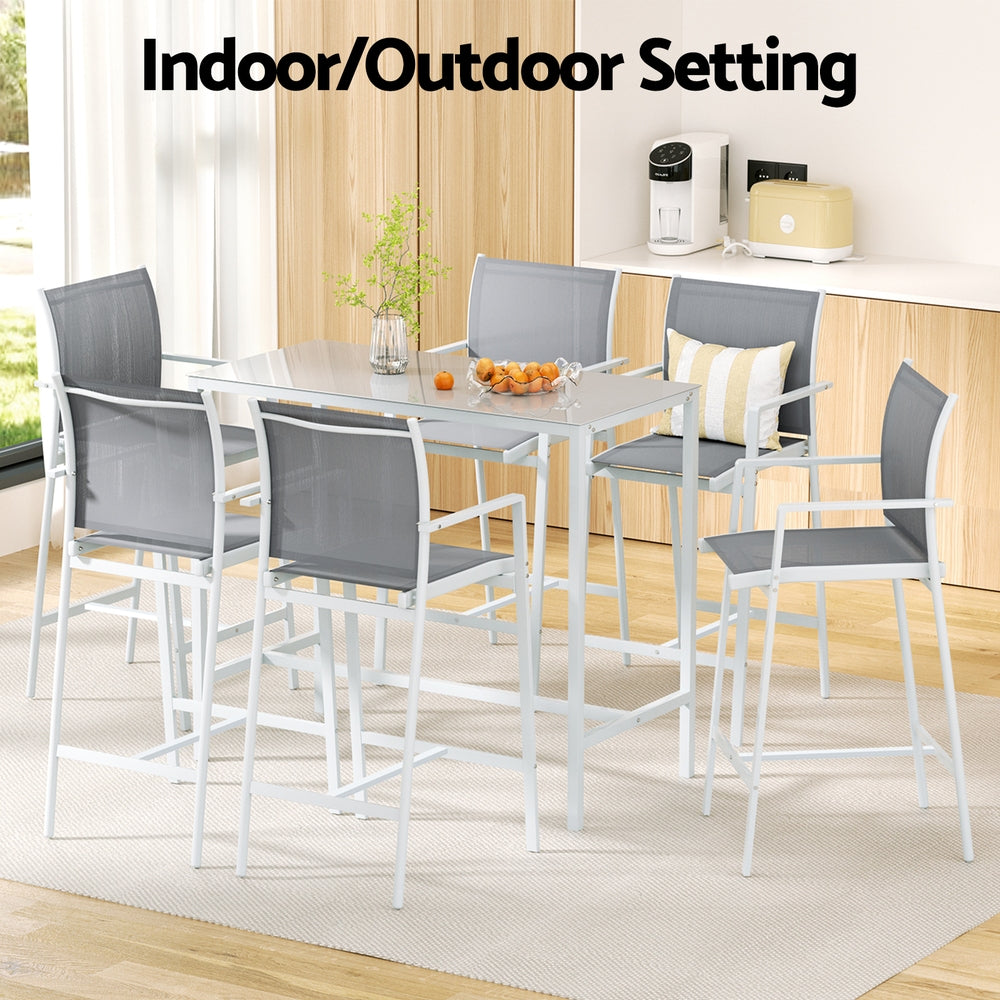 Gardeon 7PCS Outdoor Bar Set Stools Dining Chairs Table Patio Steel Bistro Set White