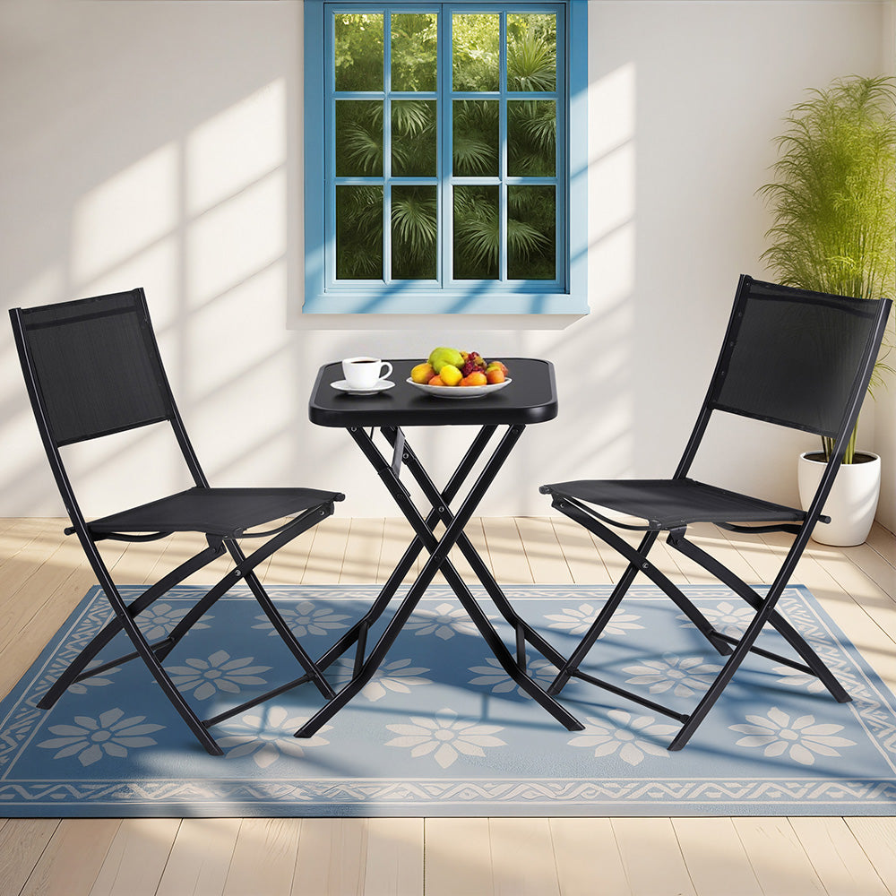 Gardeon Outdoor Bistro Set Folding Table and Chairs Patio Furniture Garden Steel Black