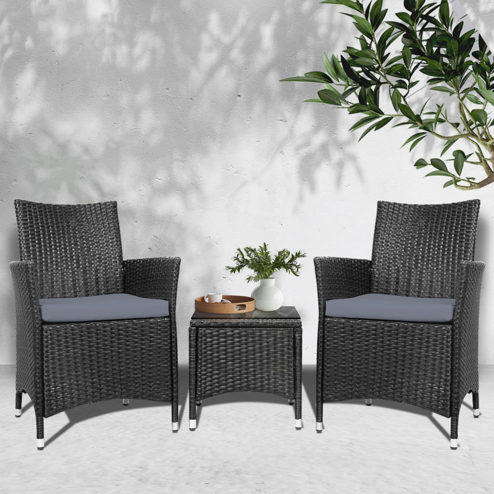 Gardeon 3PC Outdoor Bistro Set Patio Furniture Wicker Chairs Table Cushion All Black