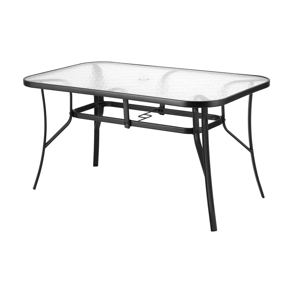 Gardeon 140CM Outdoor Dining Table Steel Frame Tempered Glass Parasol Hole Black